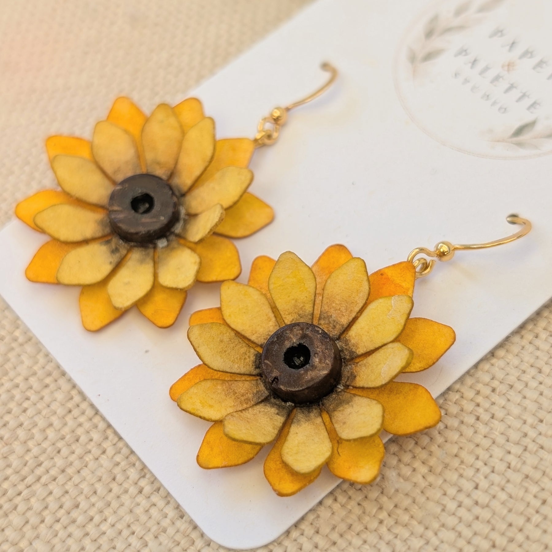 Sunflower Watercolour Paper Earrings | Handmade Floral Dangle Earrings