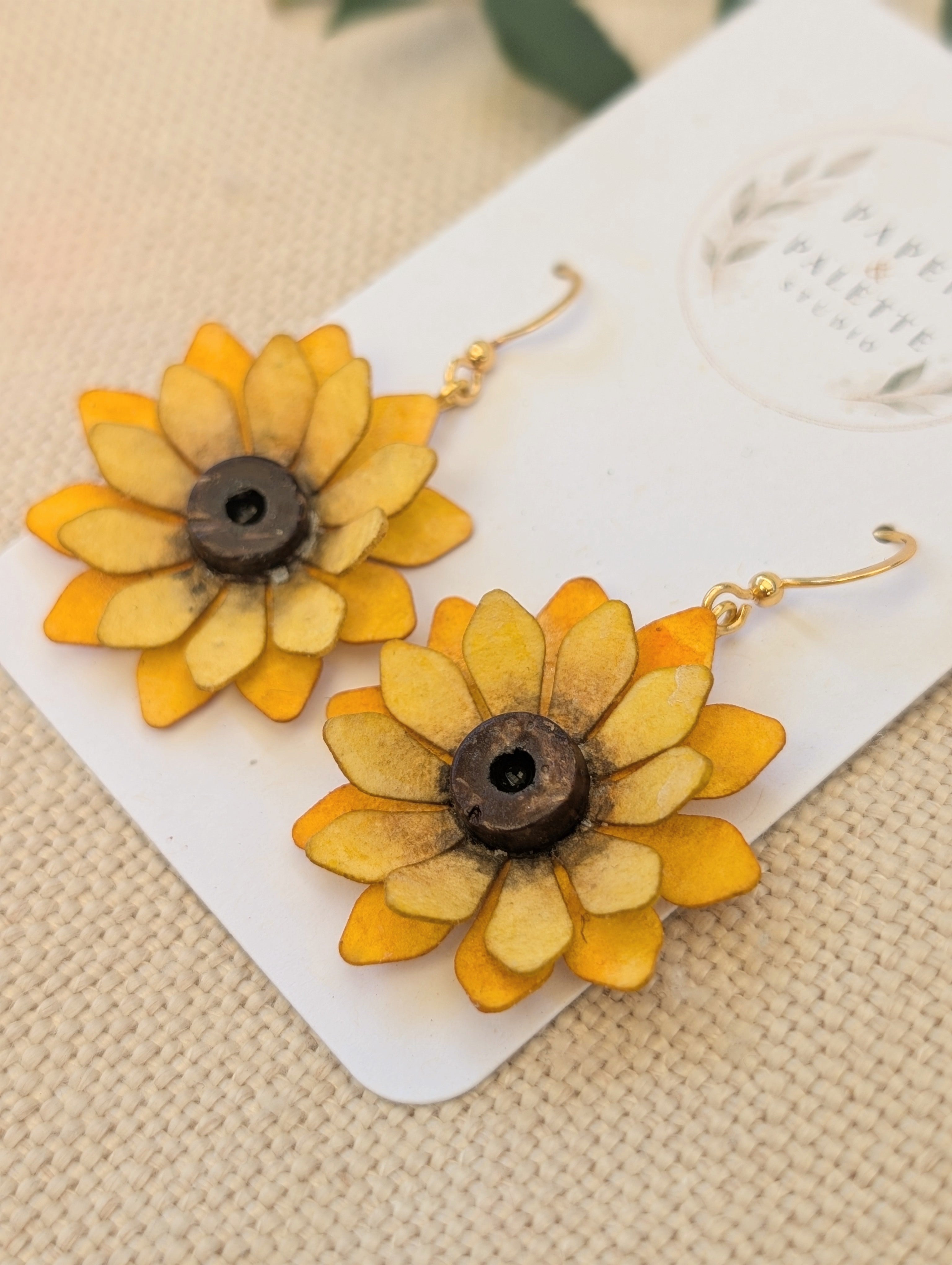Sunflower Watercolour Paper Earrings | Handmade Floral Dangle Earrings
