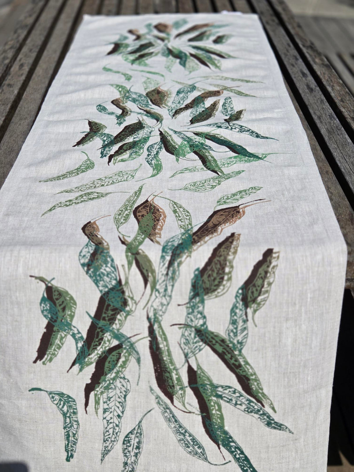 Hand Screen Printed Linen Table Runners-Eucalypt Fallen Leaves (choice of 2 colourways)