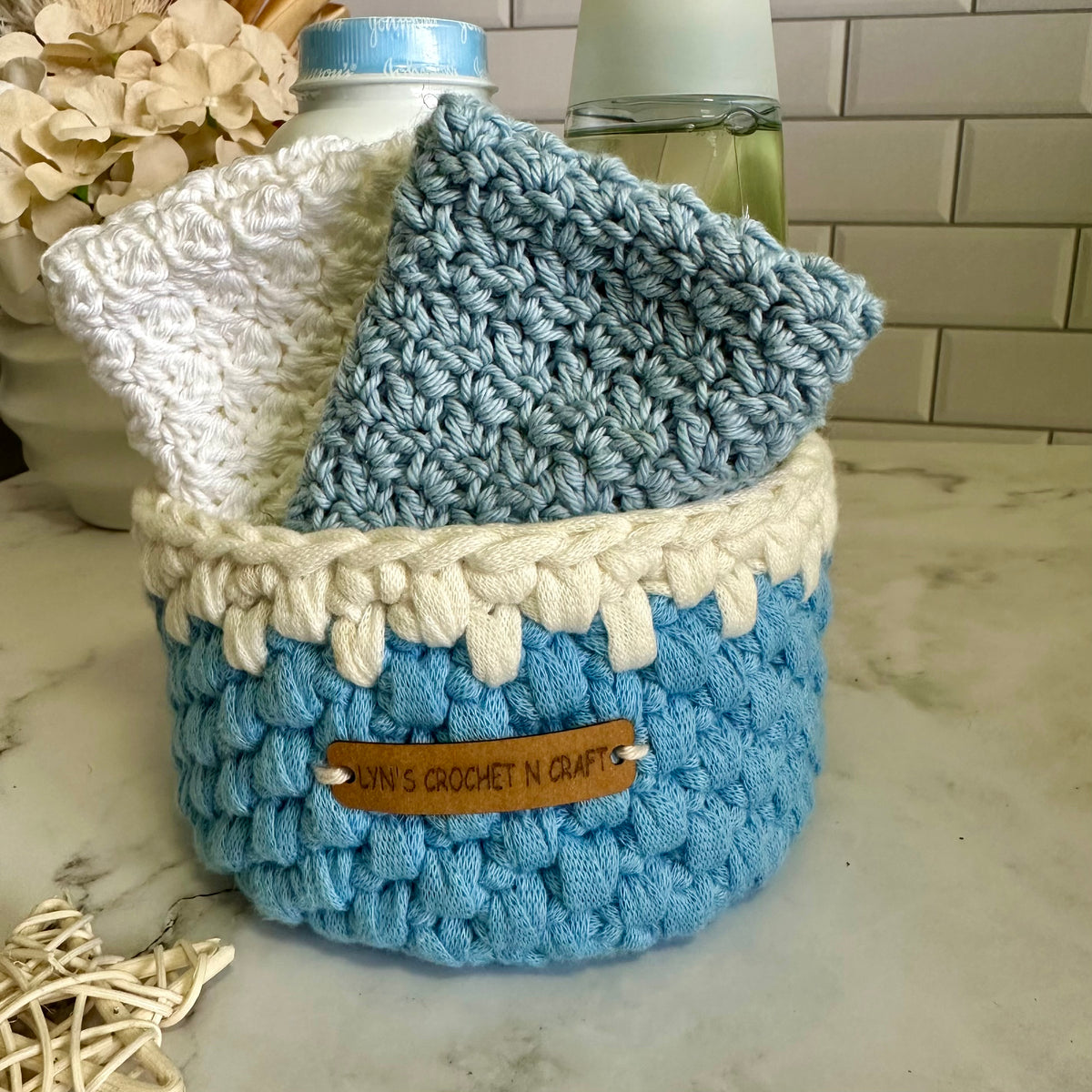 Handmade Crochet Blue & White Baby Basket - small
