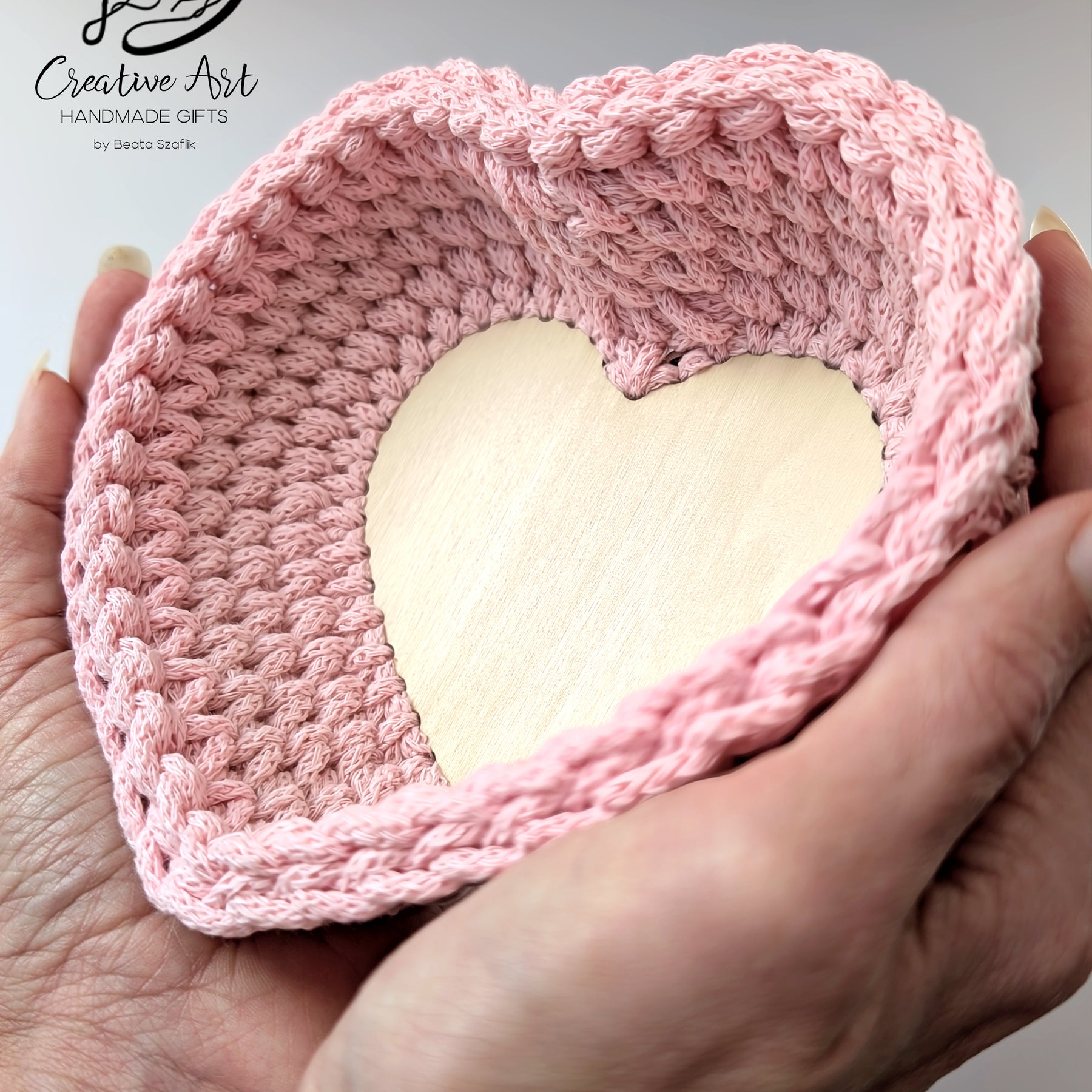 Crochet Heart Trinket Basket with Wood Base- two pink tones
