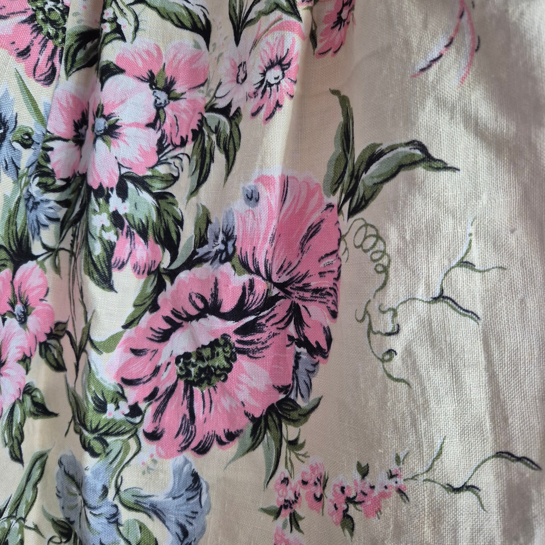 Pink floral tea towel skirt, pockets, S 6-10, elastic waist