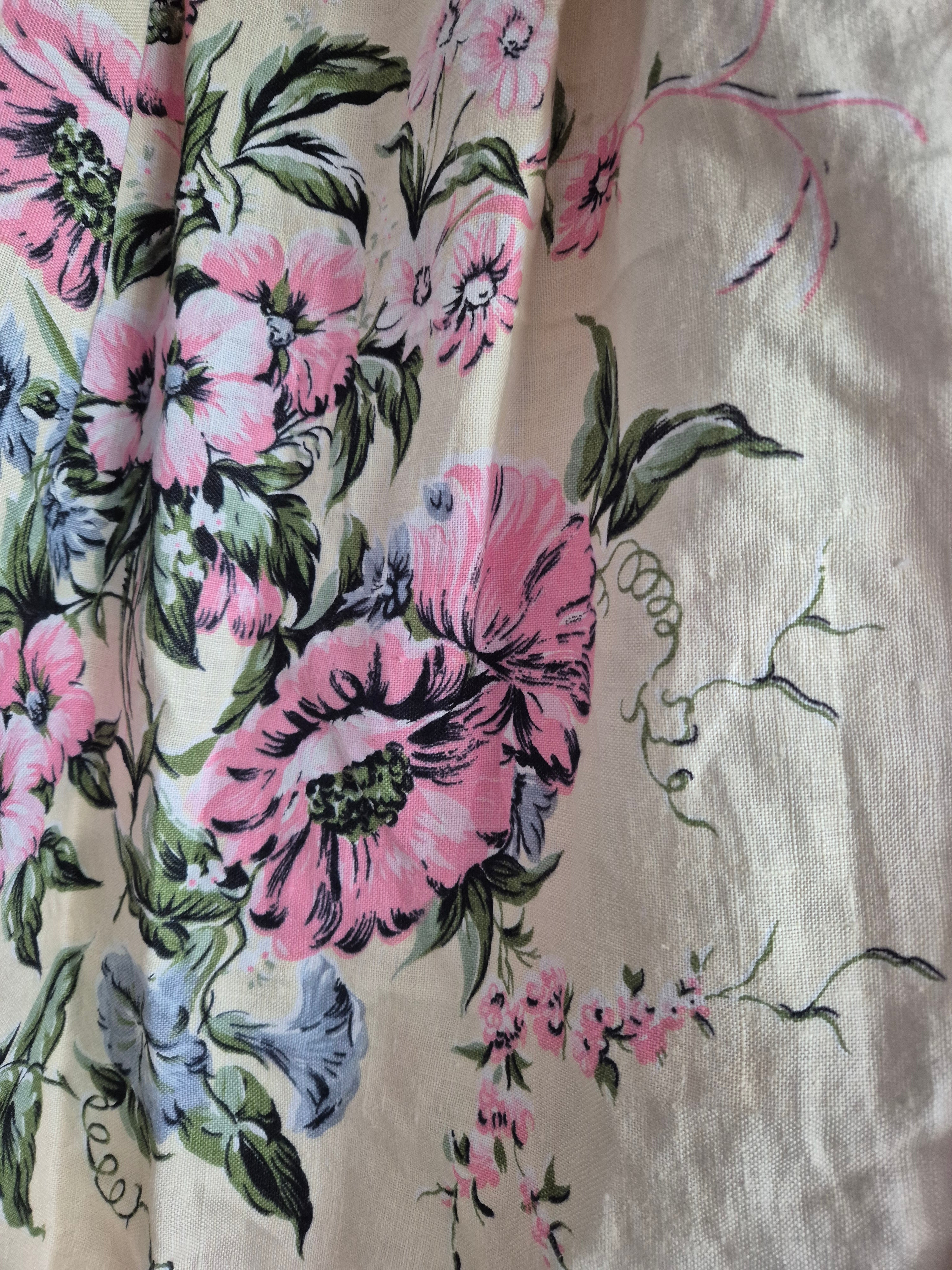 Pink floral tea towel skirt, pockets, S 6-10, elastic waist