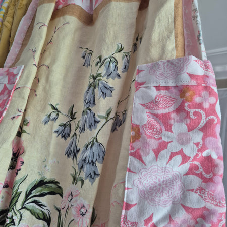 Pink floral tea towel skirt, pockets, S 6-10, elastic waist