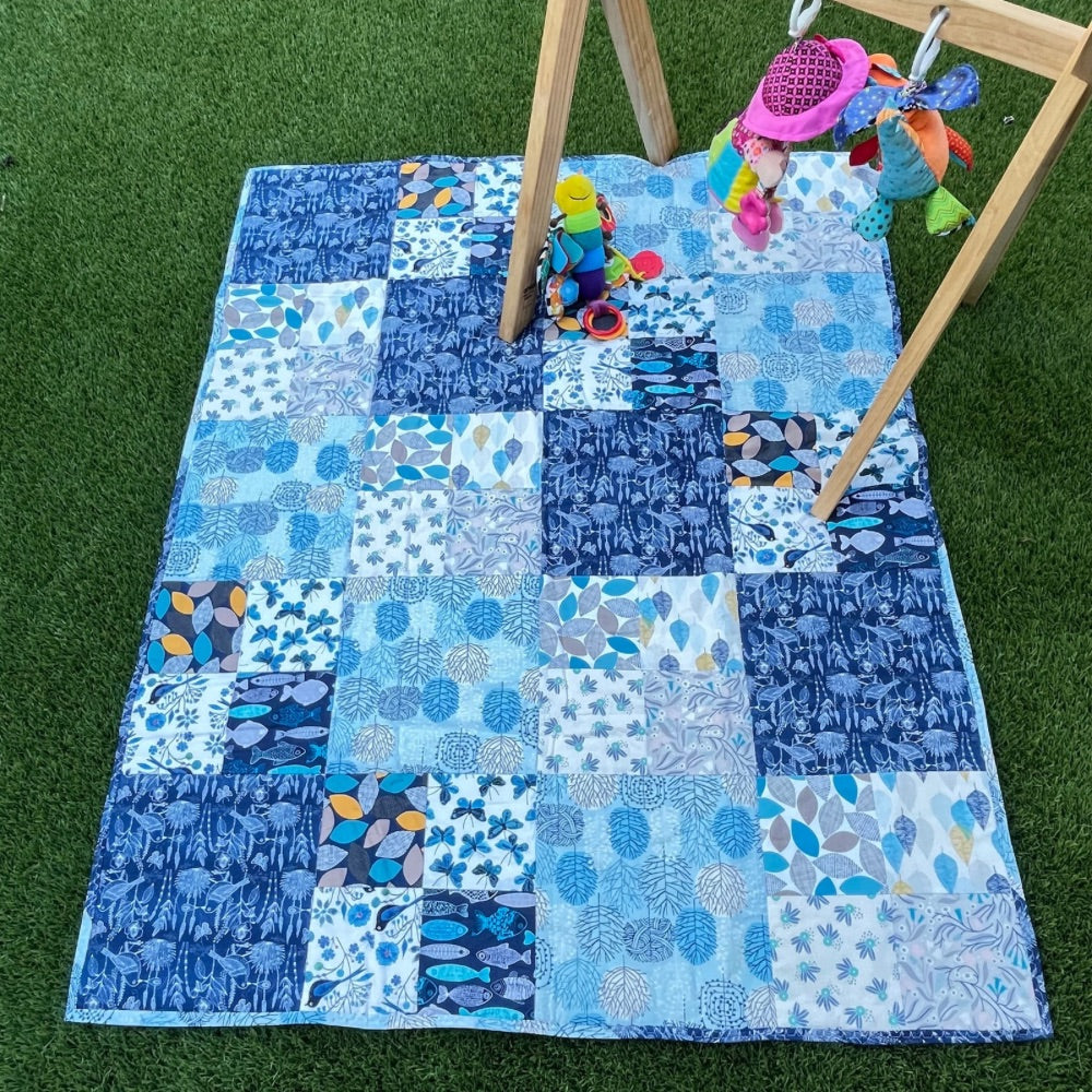 Handmade Baby Play Mat Quilt — 100% Organic Cotton | Reversible | Blue Tones