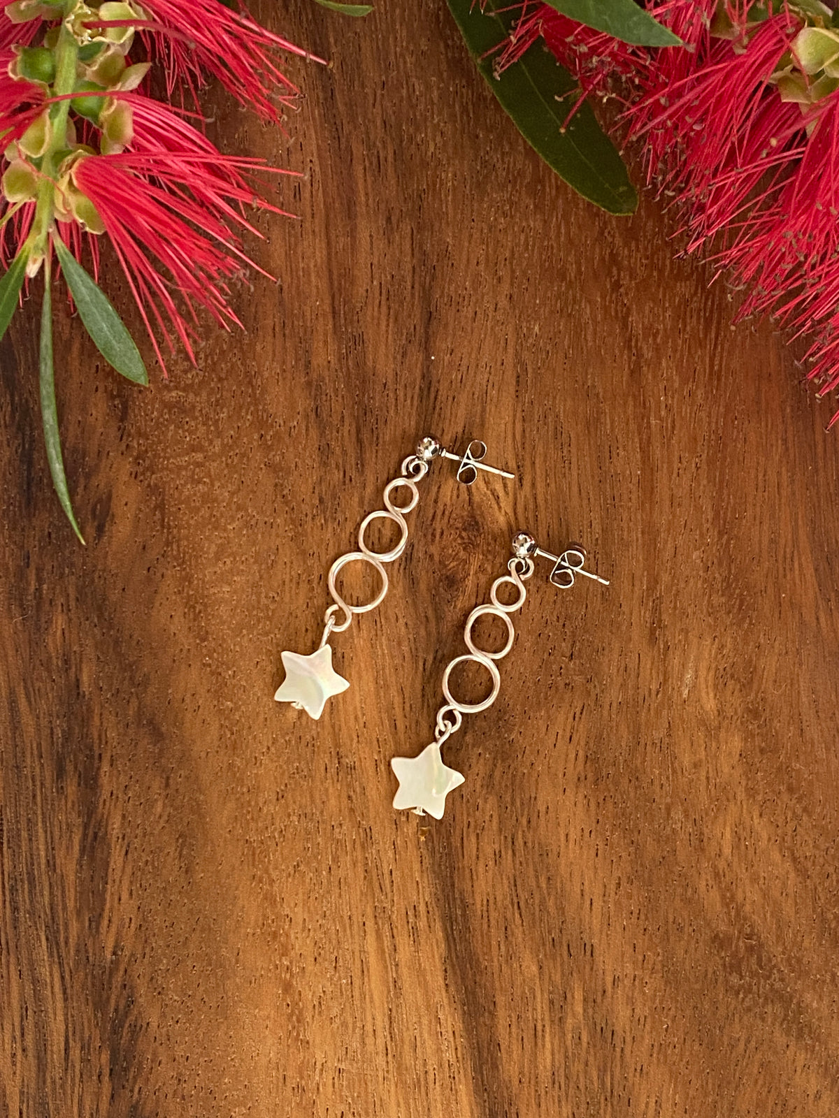 Silver Loop Christmas Star Earrings | Mother of Pearl | Festive Jewellery