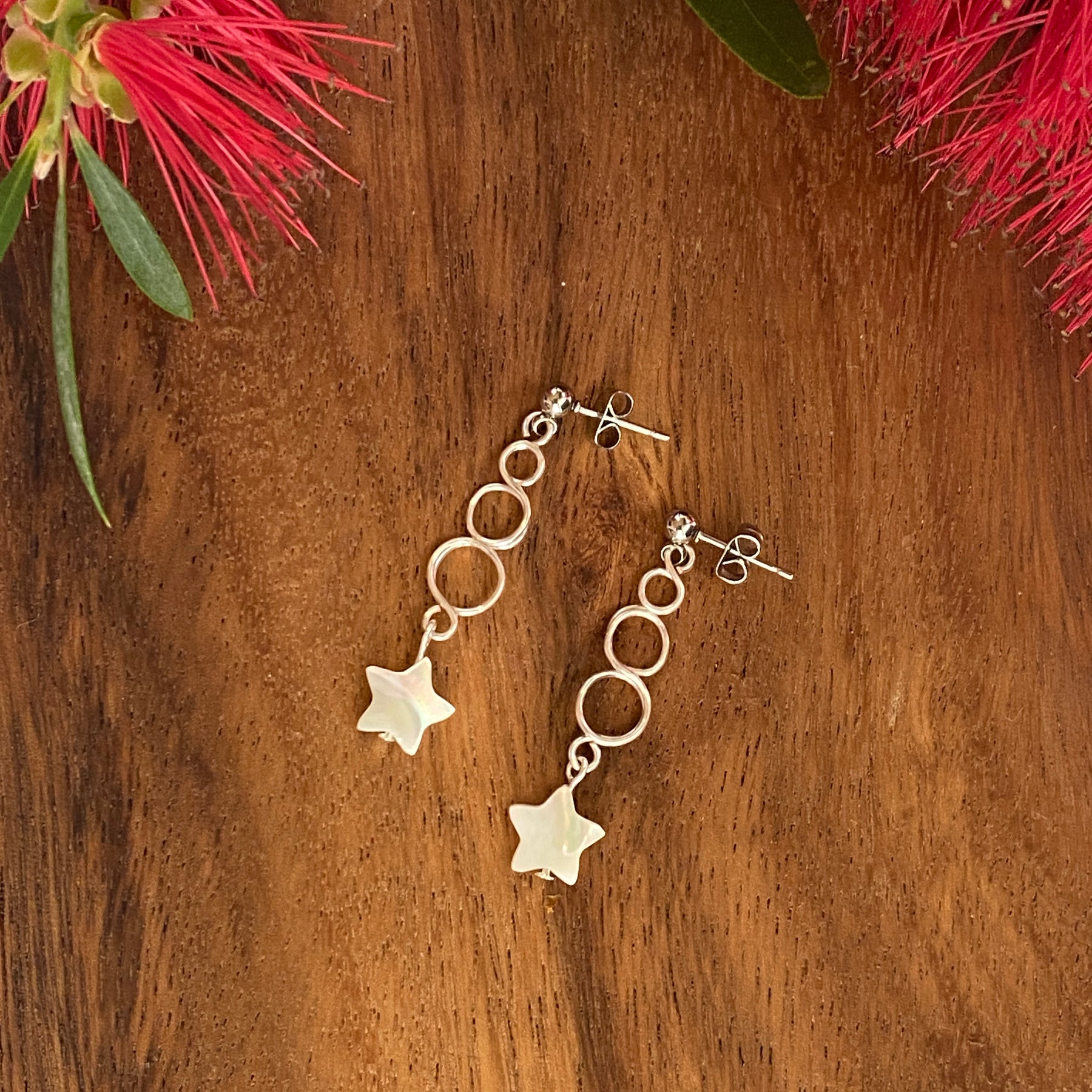 Silver Loop Christmas Star Earrings | Mother of Pearl | Festive Jewellery