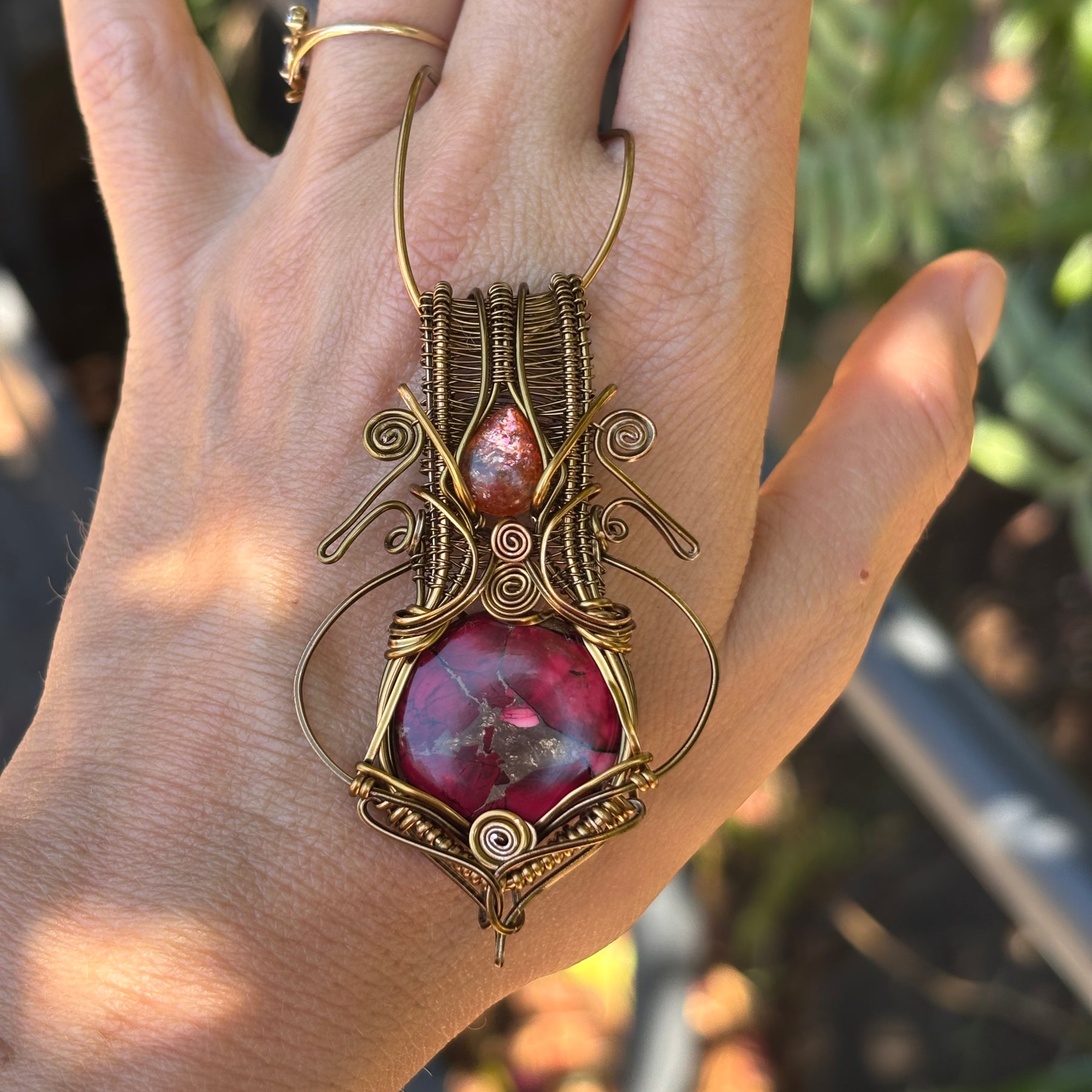 Sunstone Mojave turquoise copper crystal wire wrap pendant