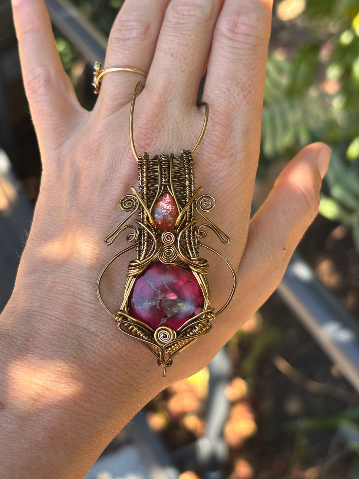 Sunstone Mojave turquoise copper crystal wire wrap pendant