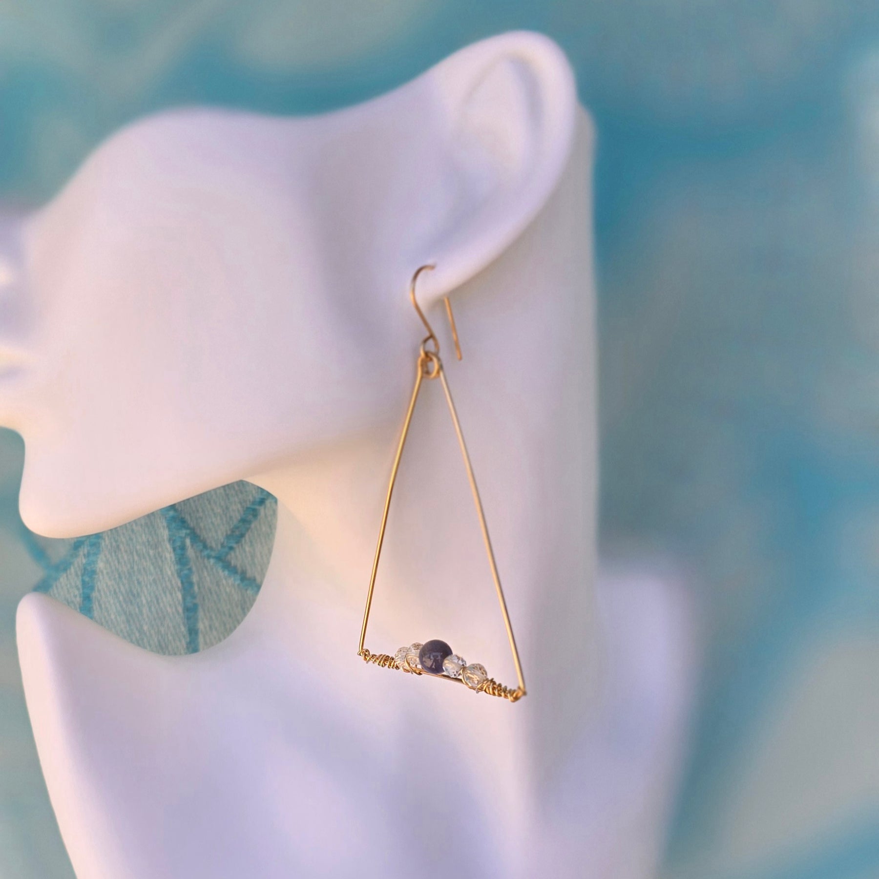 Large Triangle 14kt GF Earrings with Tanzanite & Quartz
