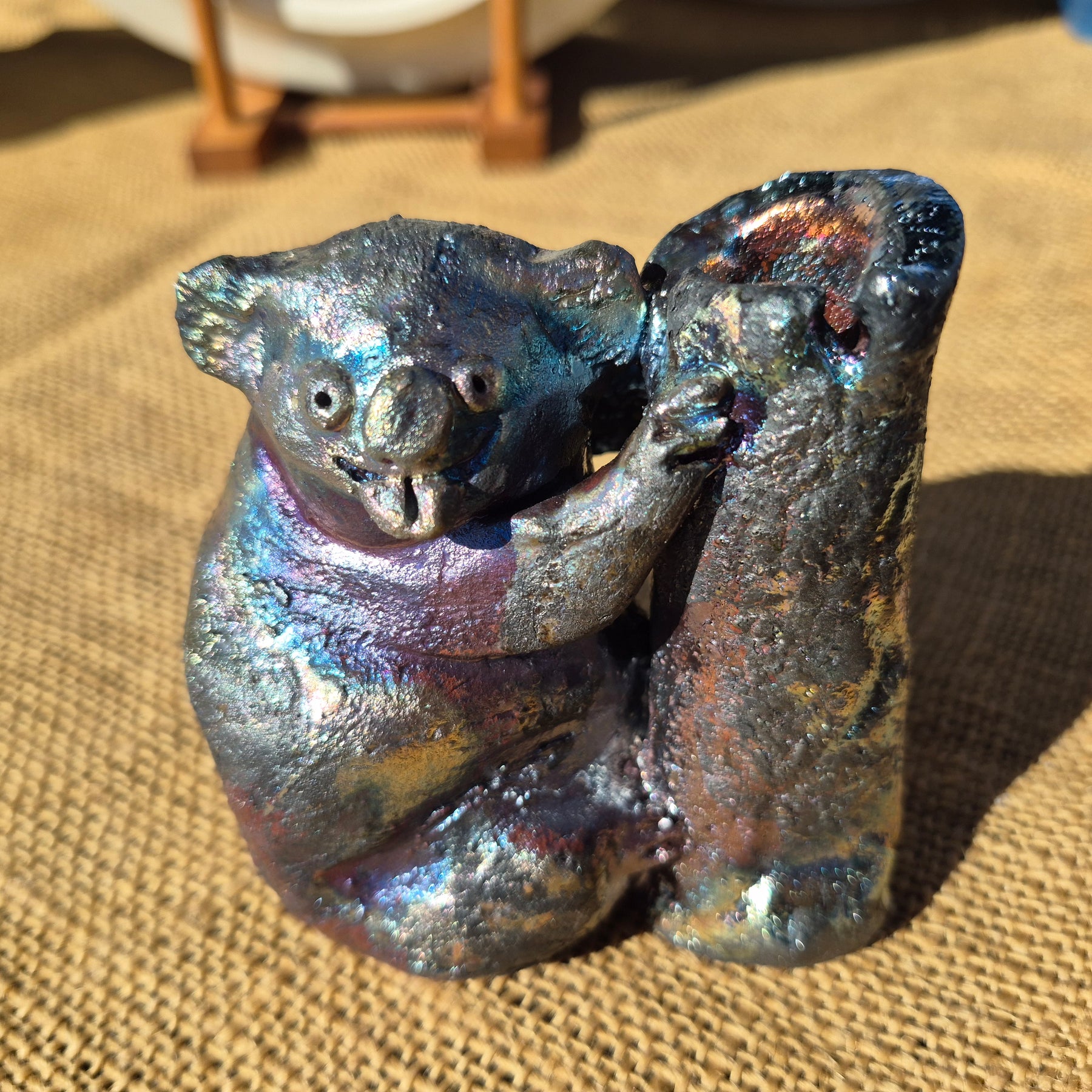 Raku Koala Sculpture: Blue Pink Silver Lustred Sculpture Poking Out His Tongue