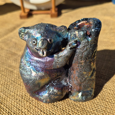 Raku Koala Sculpture: Blue Pink Silver Lustred Sculpture Poking Out His Tongue
