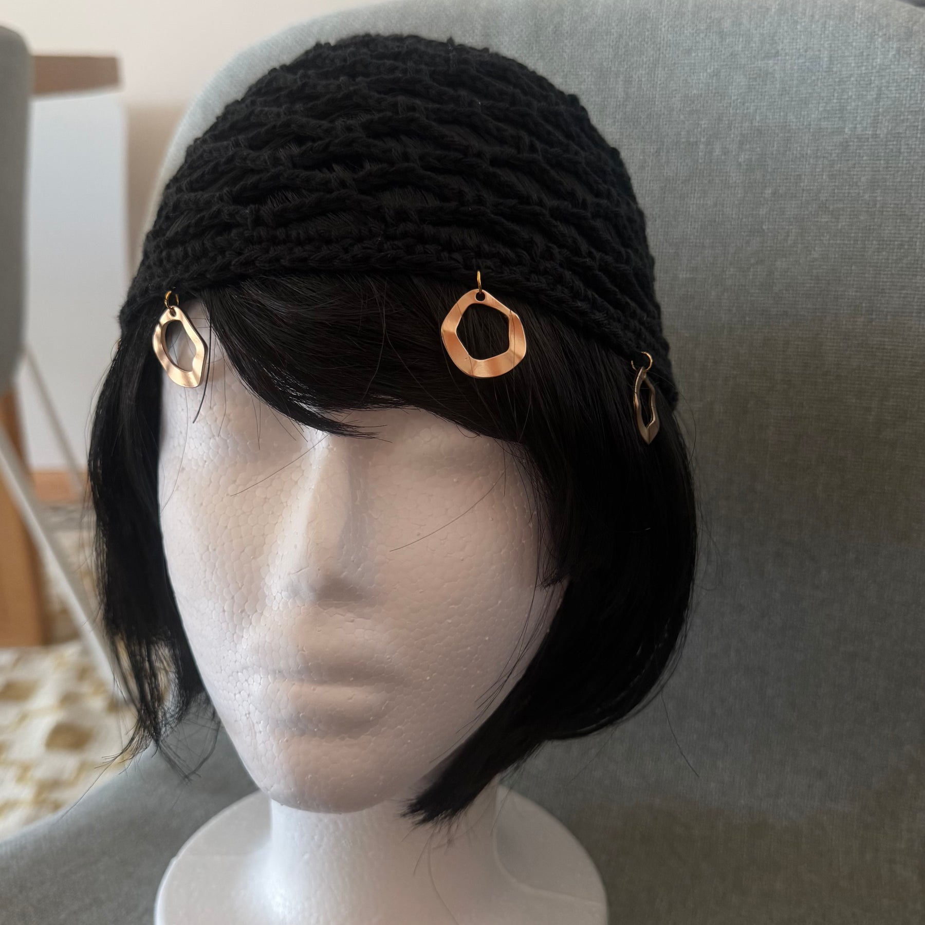 Handmade Black Crochet Hat with Gold Charms
