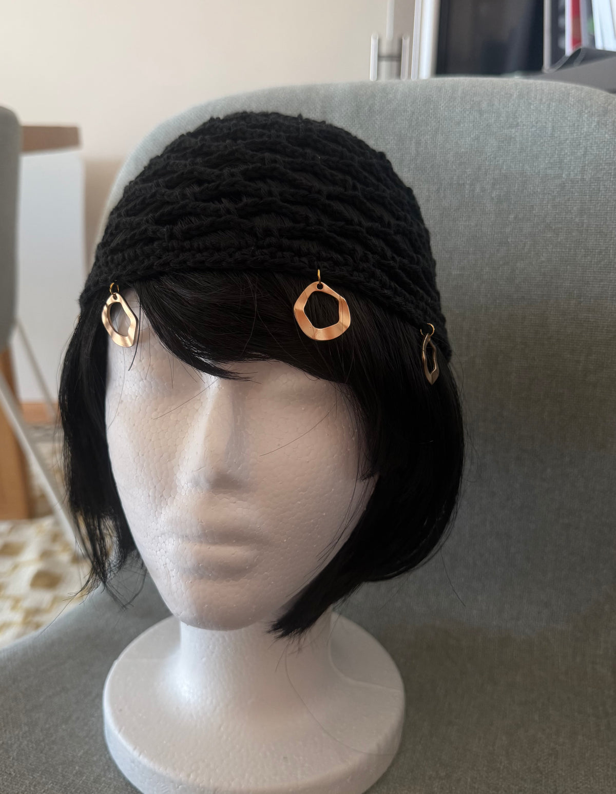 Handmade Black Crochet Hat with Gold Charms