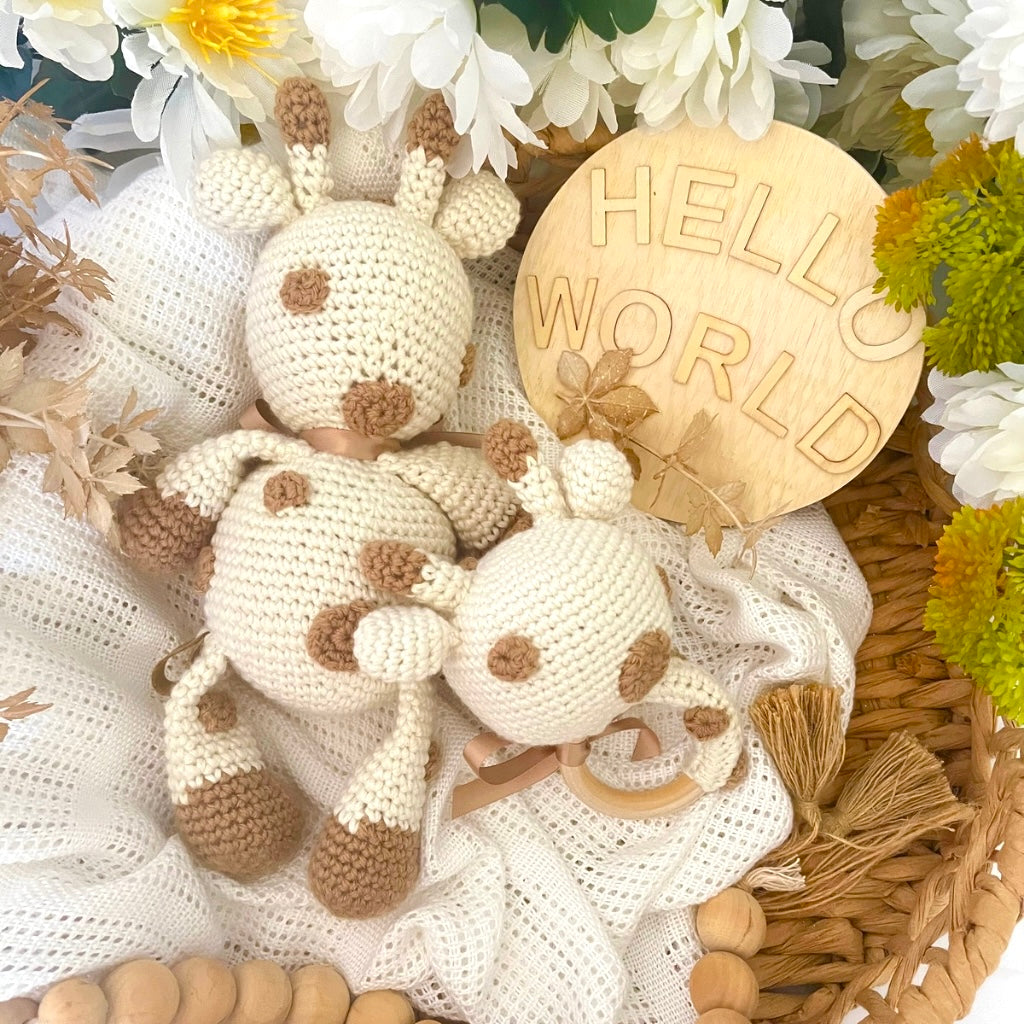 Handmade Crochet Giraffe Soft Toy Teether Baby Gift Set