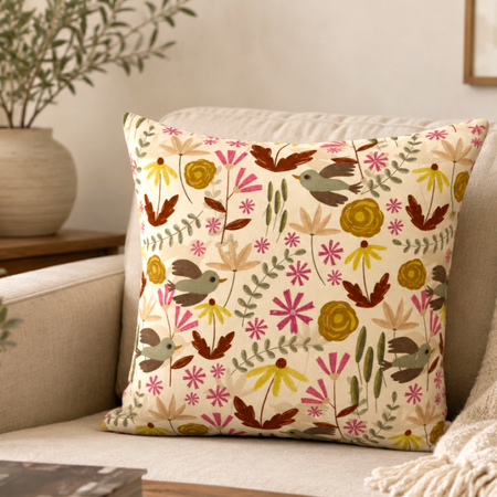 Botanical Bird Floral Cushion Cover | Farmhouse Living Room Decor | 45x45cm
