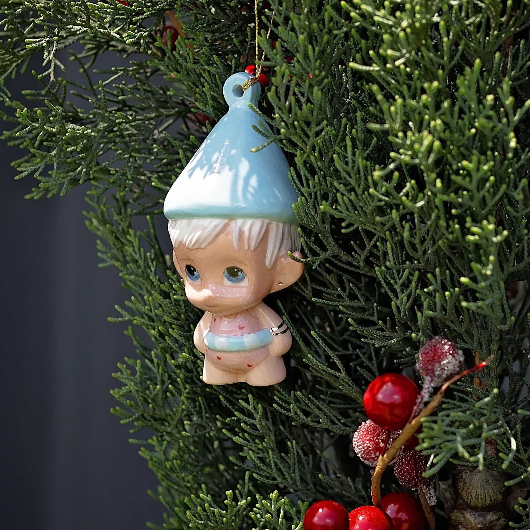 Handmade Porcelain Christmas ornament. One-of-a-kind. Shelly the Swim teacher Elf.