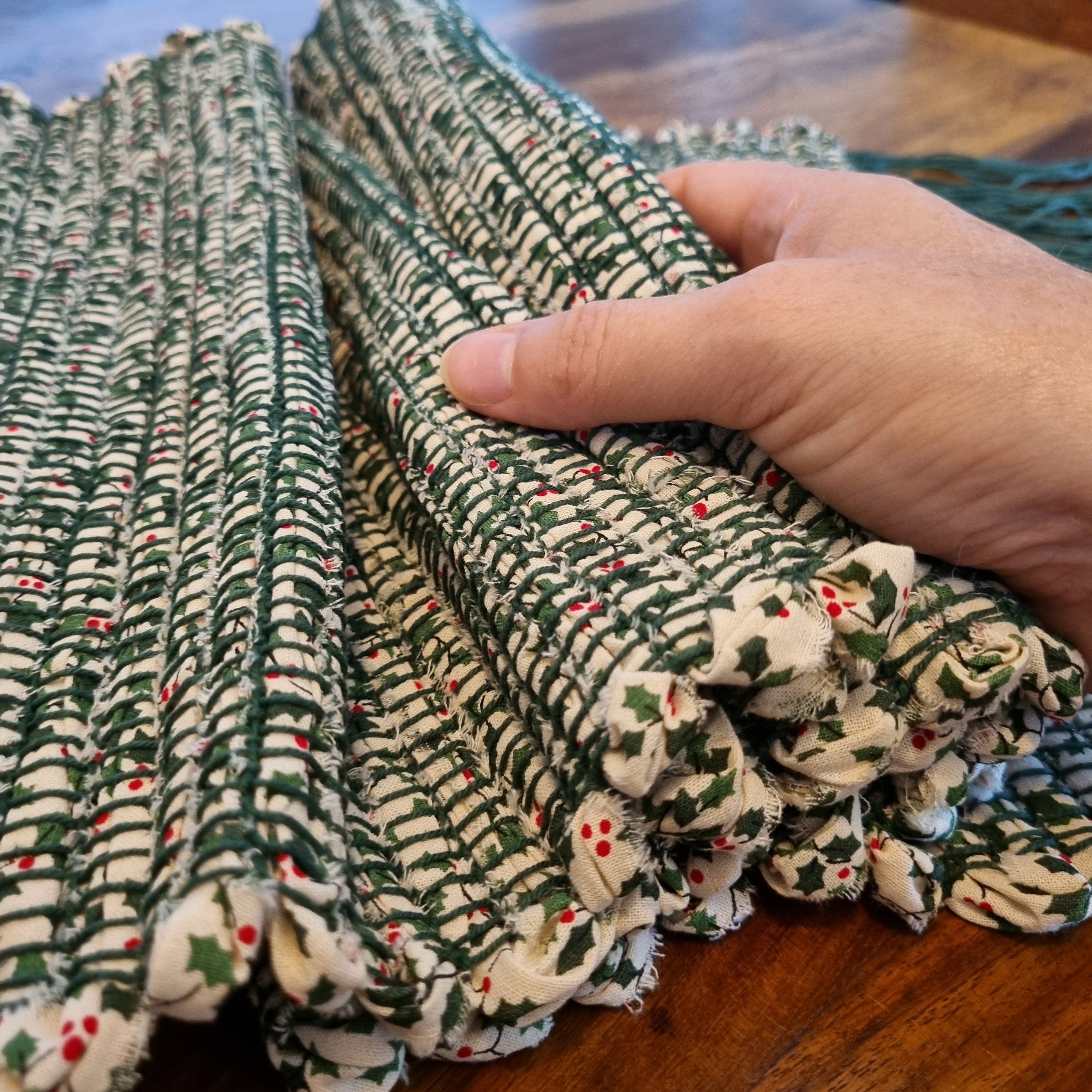 Handwoven Christmas fabric table runner holly print