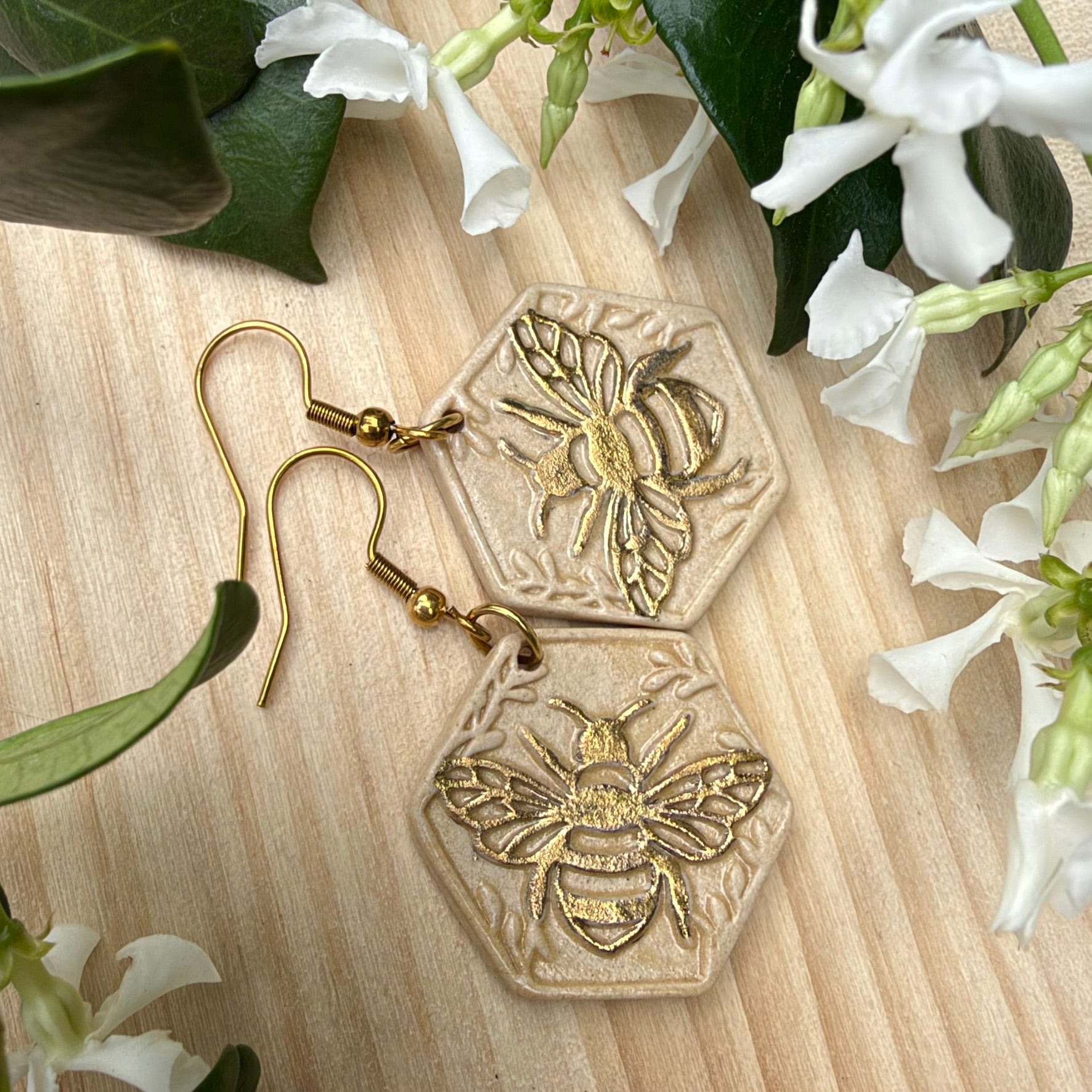 Gold embellished Ceramic Bee Earrings - Lightweight