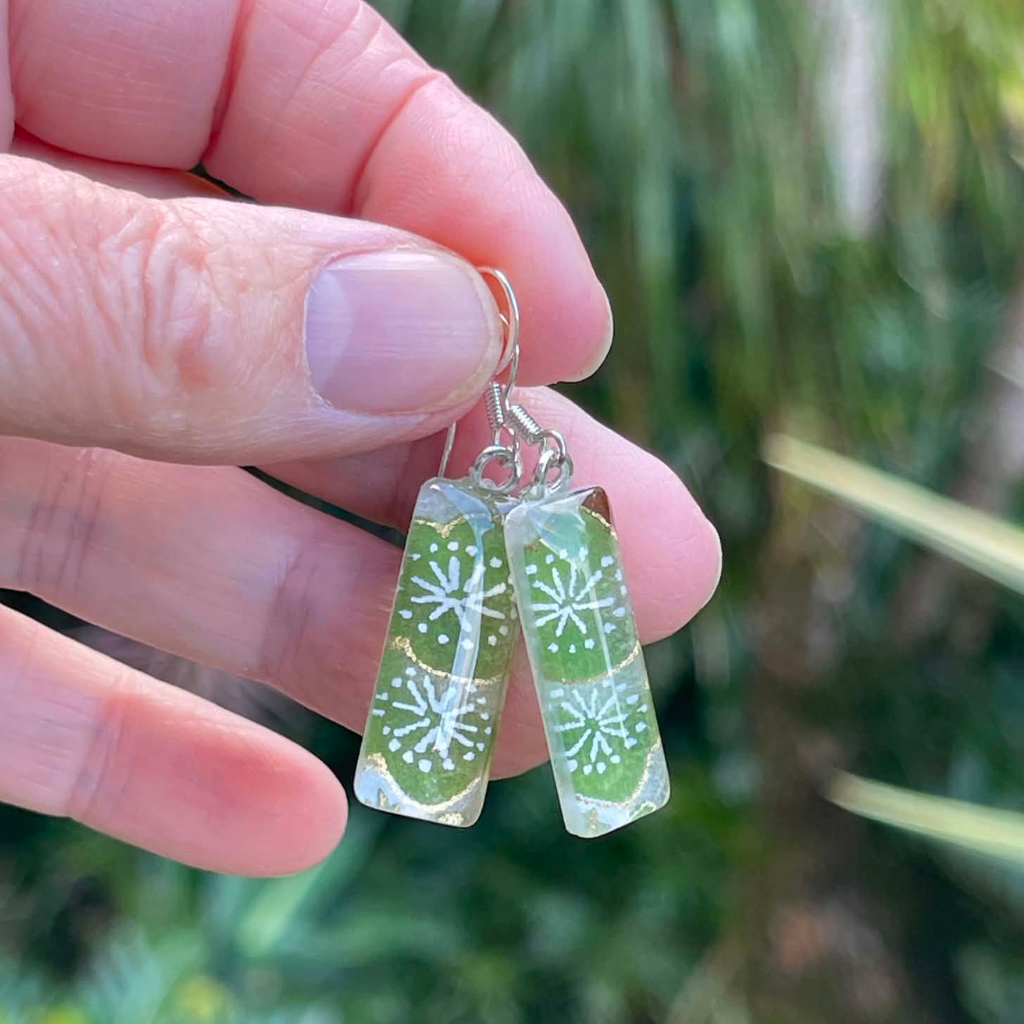 Delicate and Warm Green Cherry Blossom Glass Earrings • One of a Kind