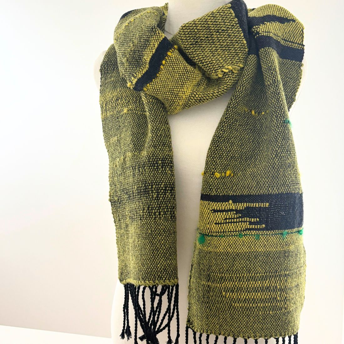 Handwoven Scarf - Yellow - Green - Wool - Cotton