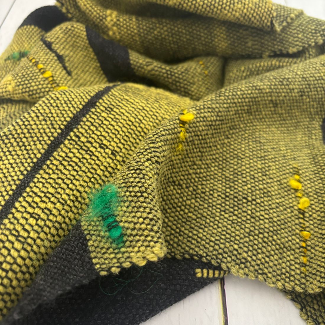 Handwoven Scarf - Yellow - Green - Wool - Cotton