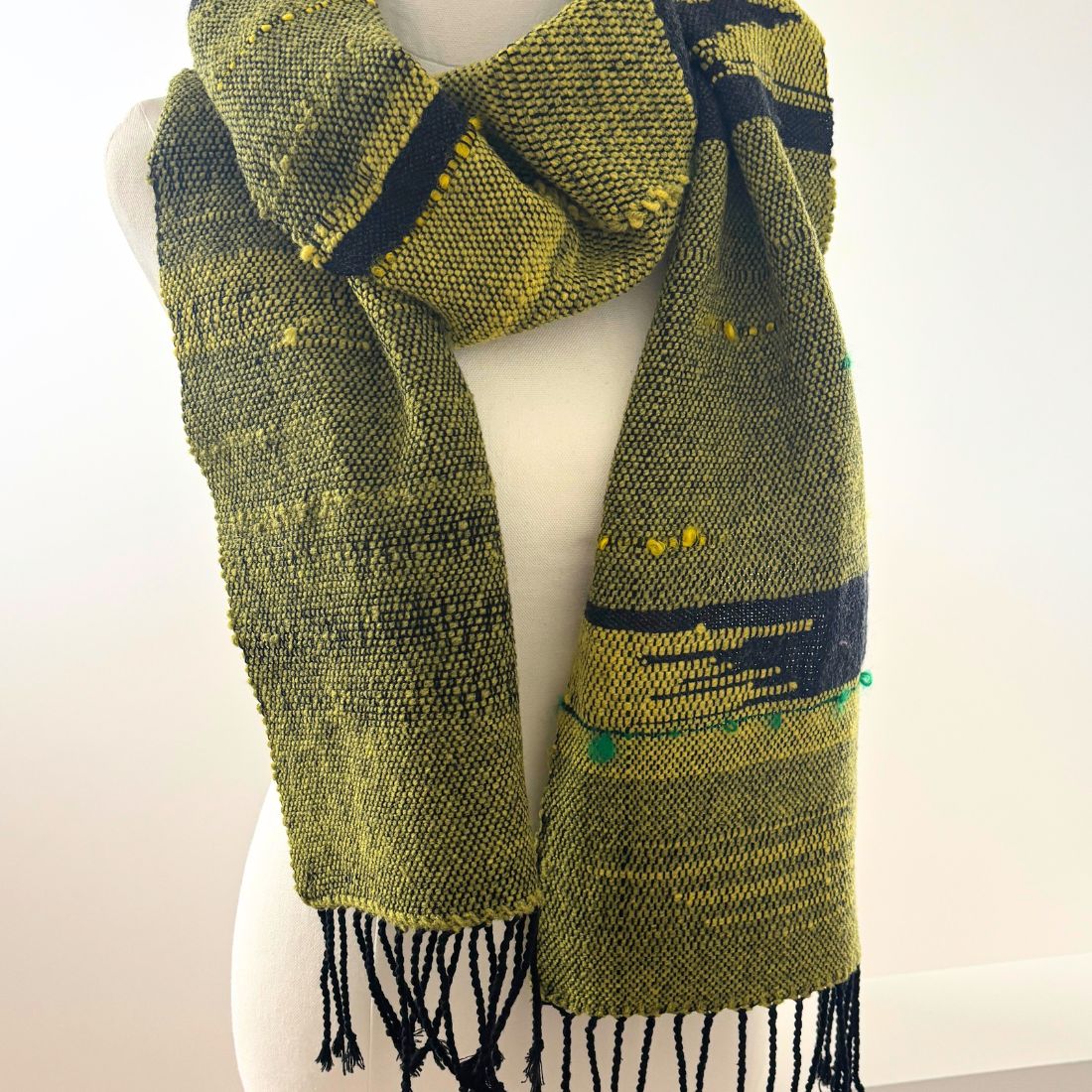 Handwoven Scarf - Yellow - Green - Wool - Cotton