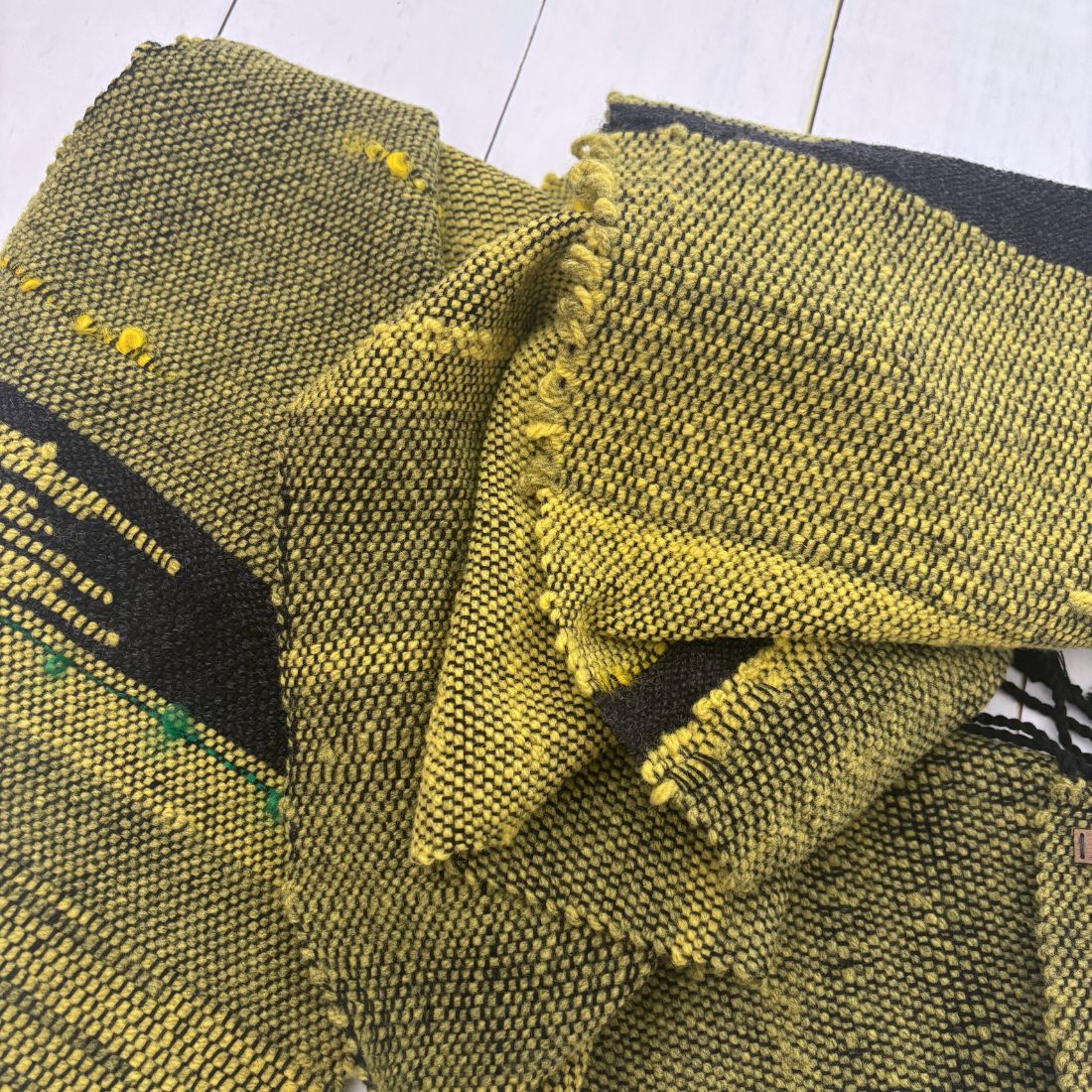 Handwoven Scarf - Yellow - Green - Wool - Cotton