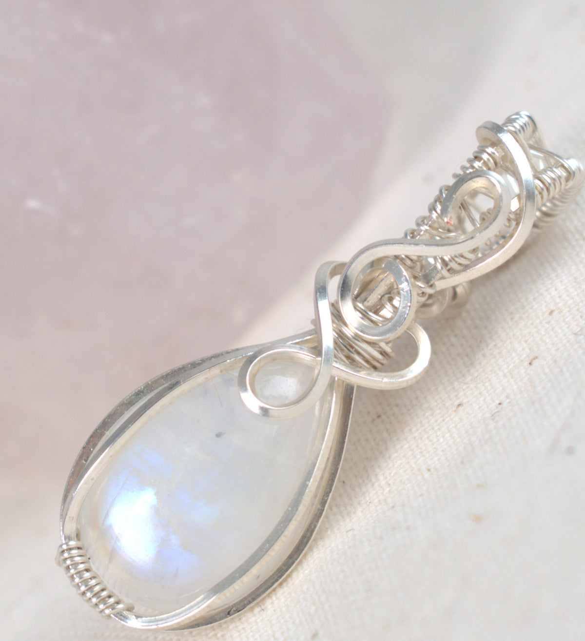 Wire Wrapped Rainbow Moonstone Keepsake Pendant