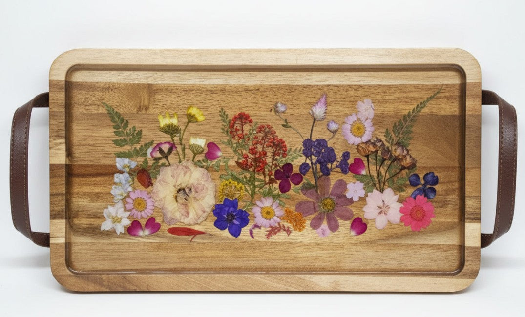 ACACIA TIMBER BOTANICAL SERVING TRAY with Handles