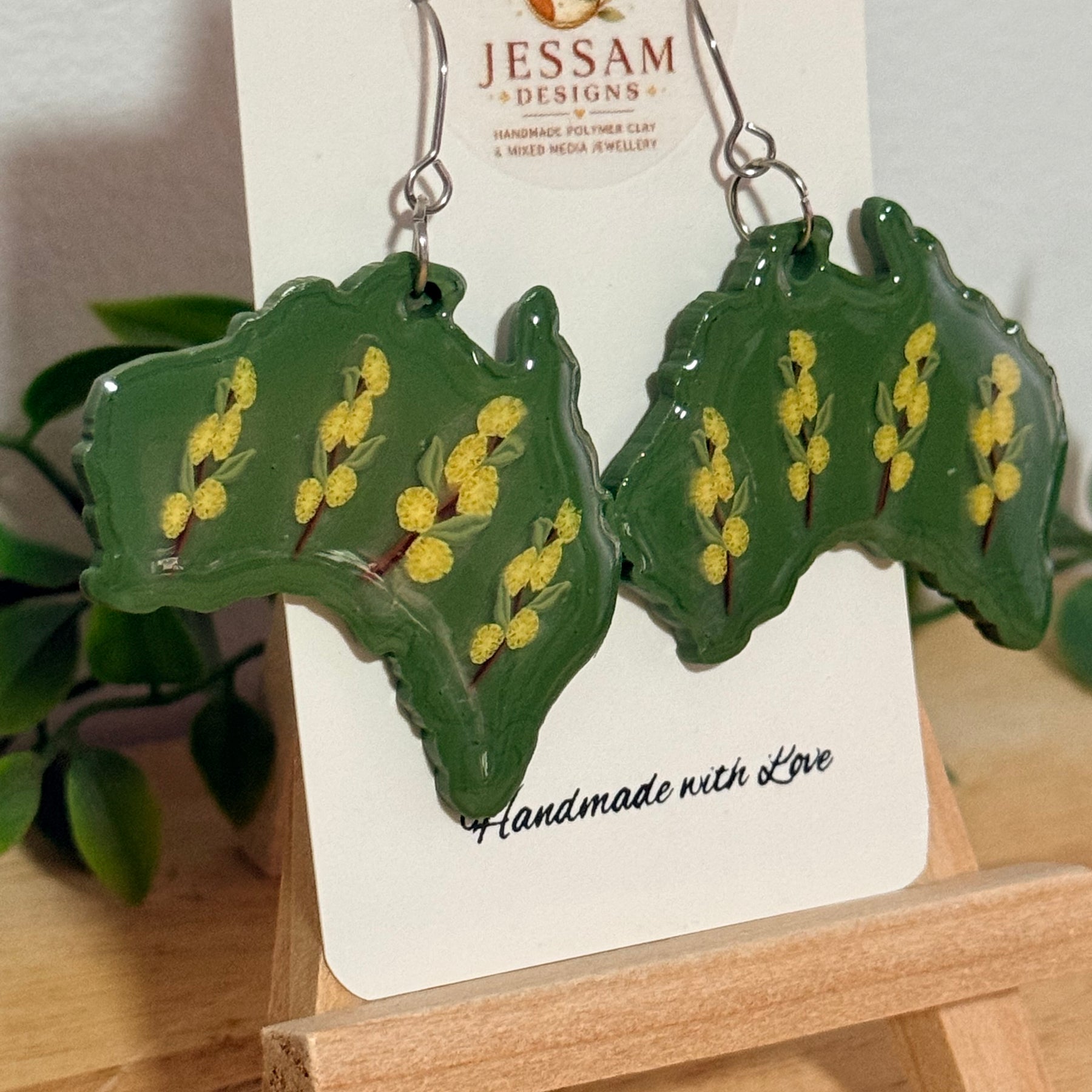 Handmade Australian Wattle Polymer Clay Dangle Earrings. Statement Earrings
