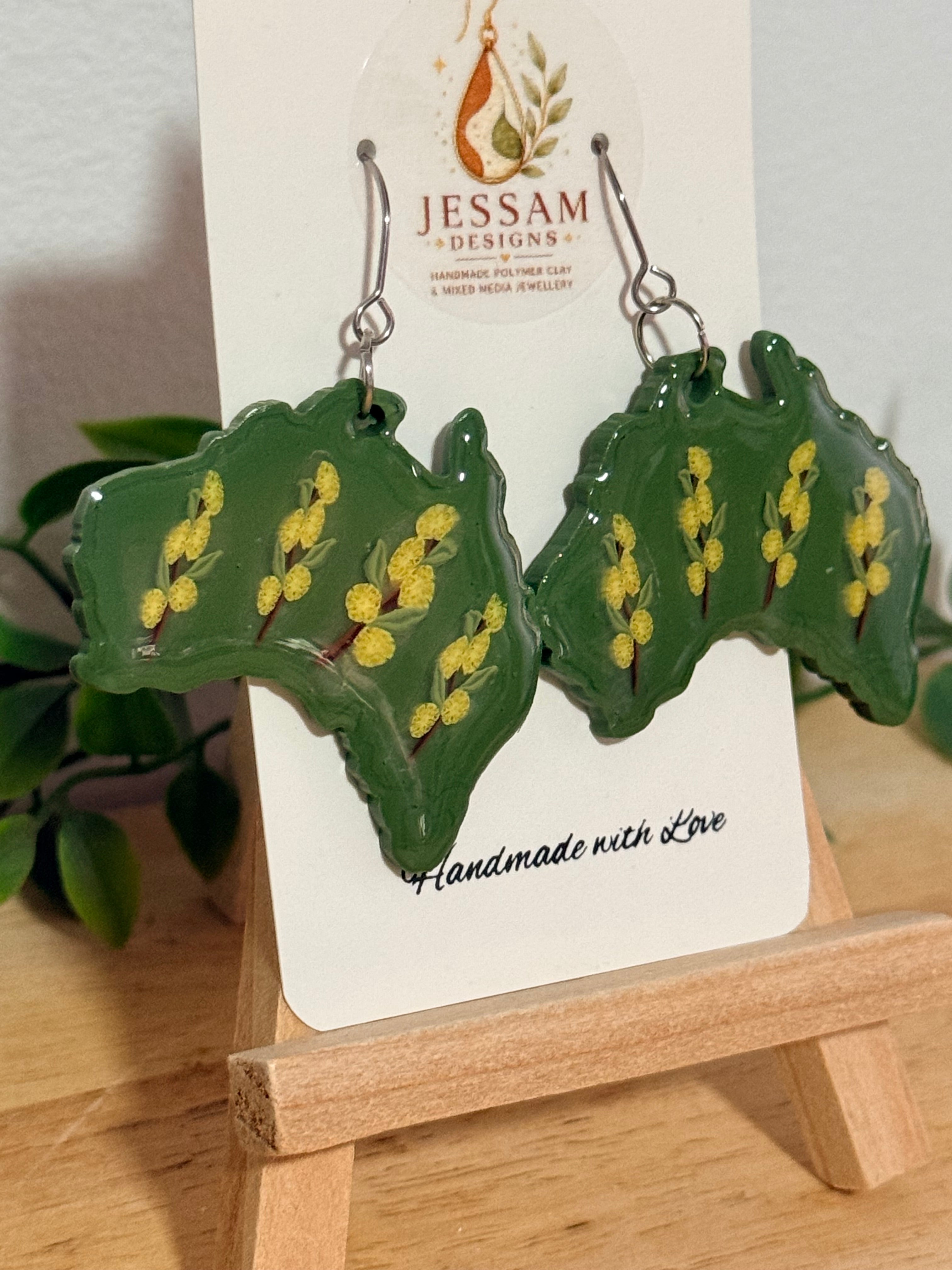 Handmade Australian Wattle Polymer Clay Dangle Earrings. Statement Earrings