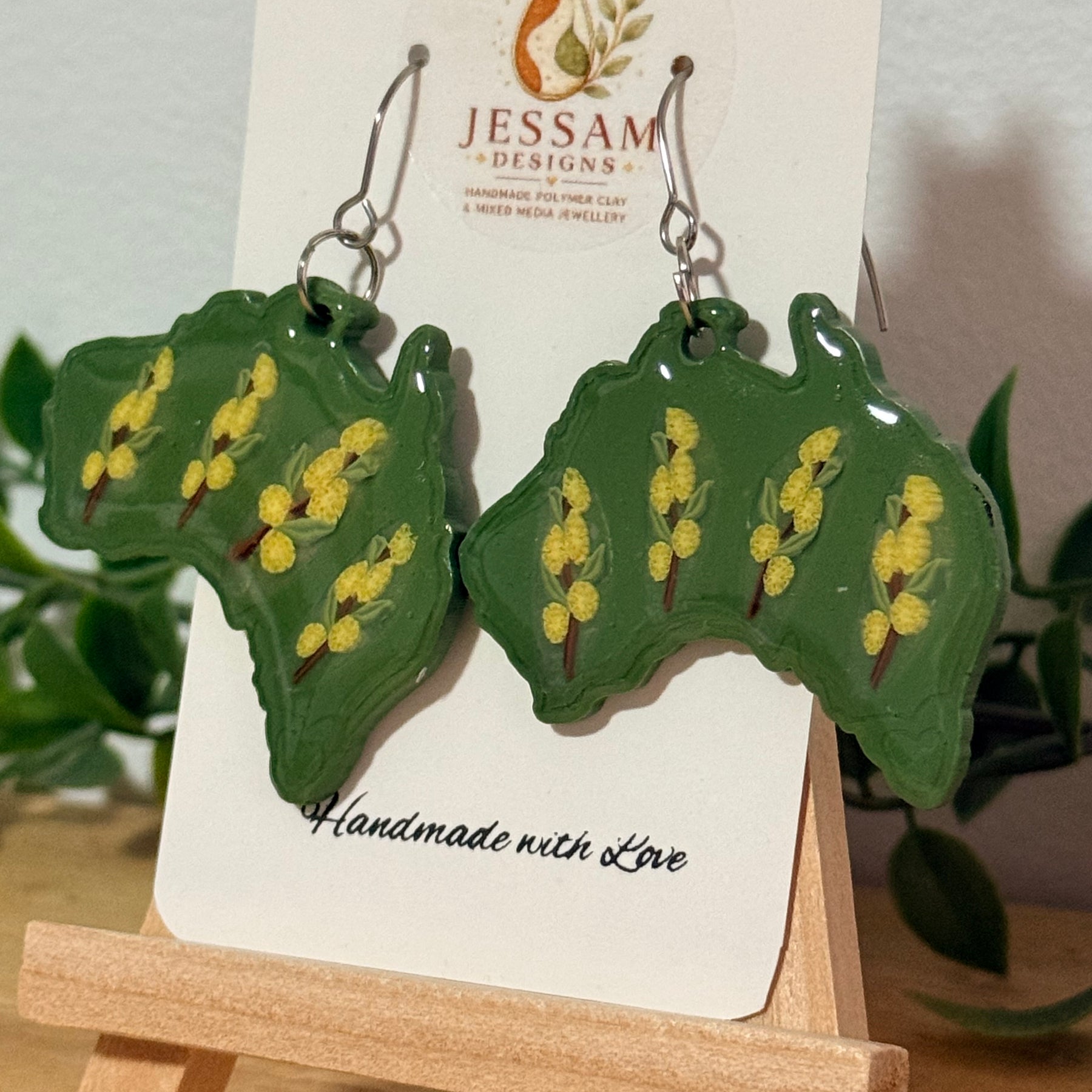 Handmade Australian Wattle Polymer Clay Dangle Earrings. Statement Earrings