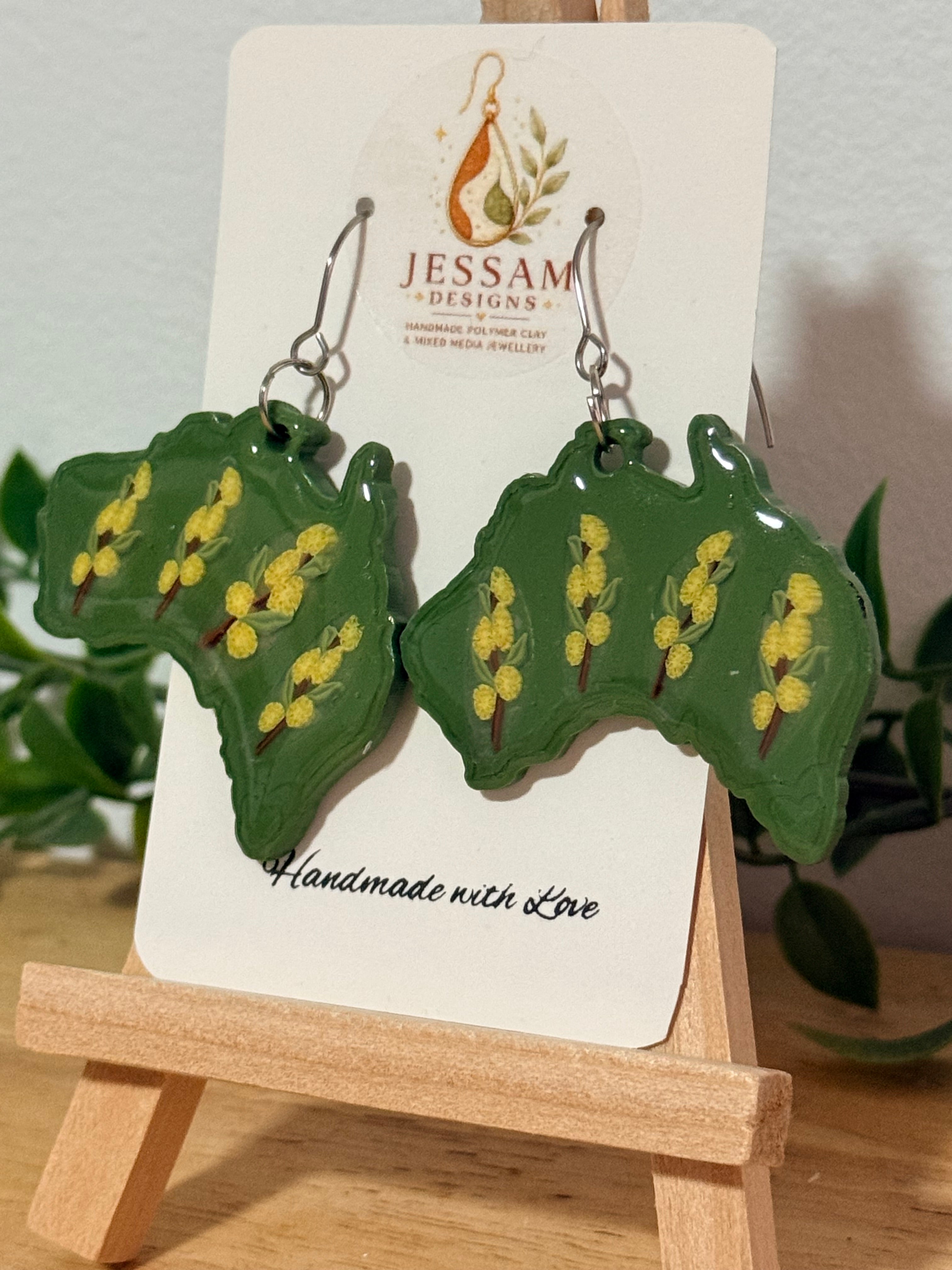 Handmade Australian Wattle Polymer Clay Dangle Earrings. Statement Earrings