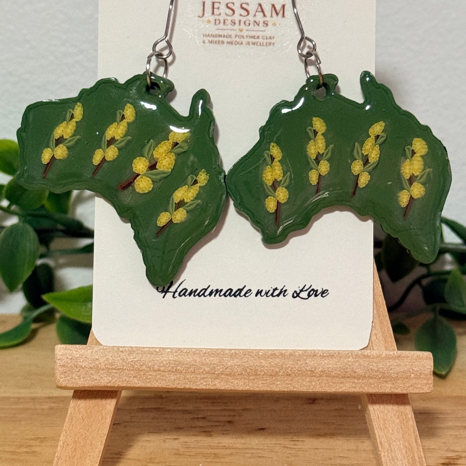 Handmade Australian Wattle Polymer Clay Dangle Earrings. Statement Earrings