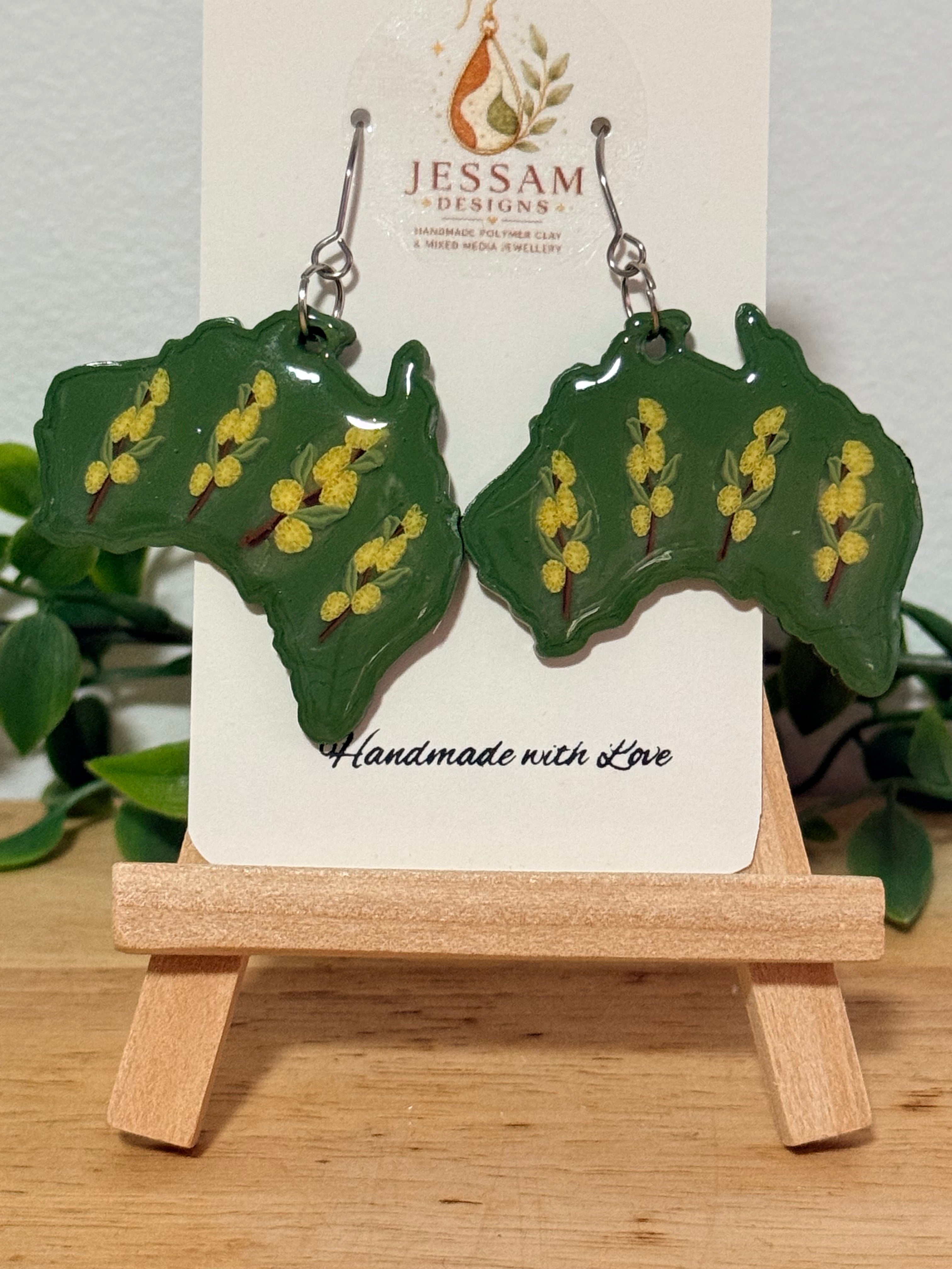 Handmade Australian Wattle Polymer Clay Dangle Earrings. Statement Earrings