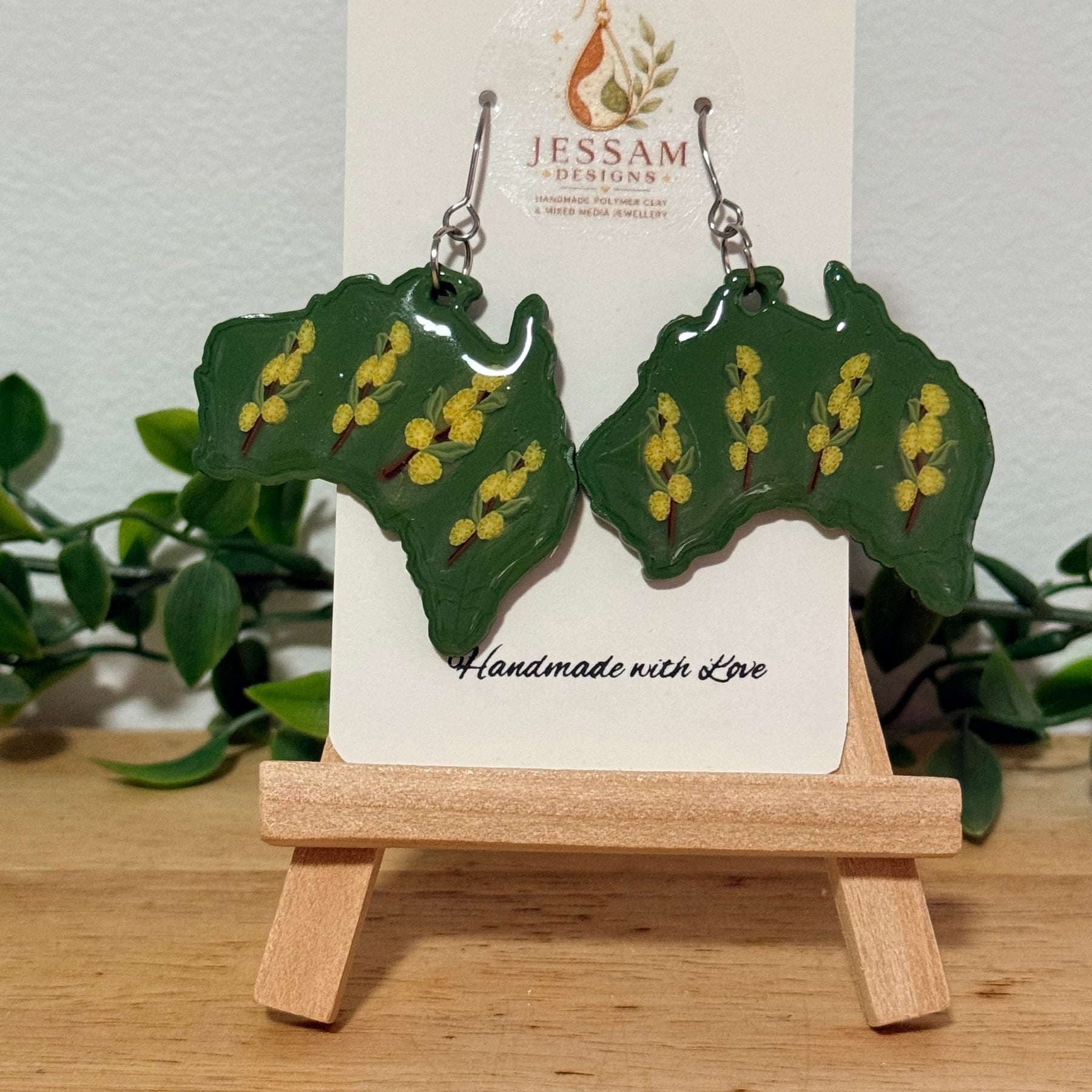Handmade Australian Wattle Polymer Clay Dangle Earrings. Statement Earrings