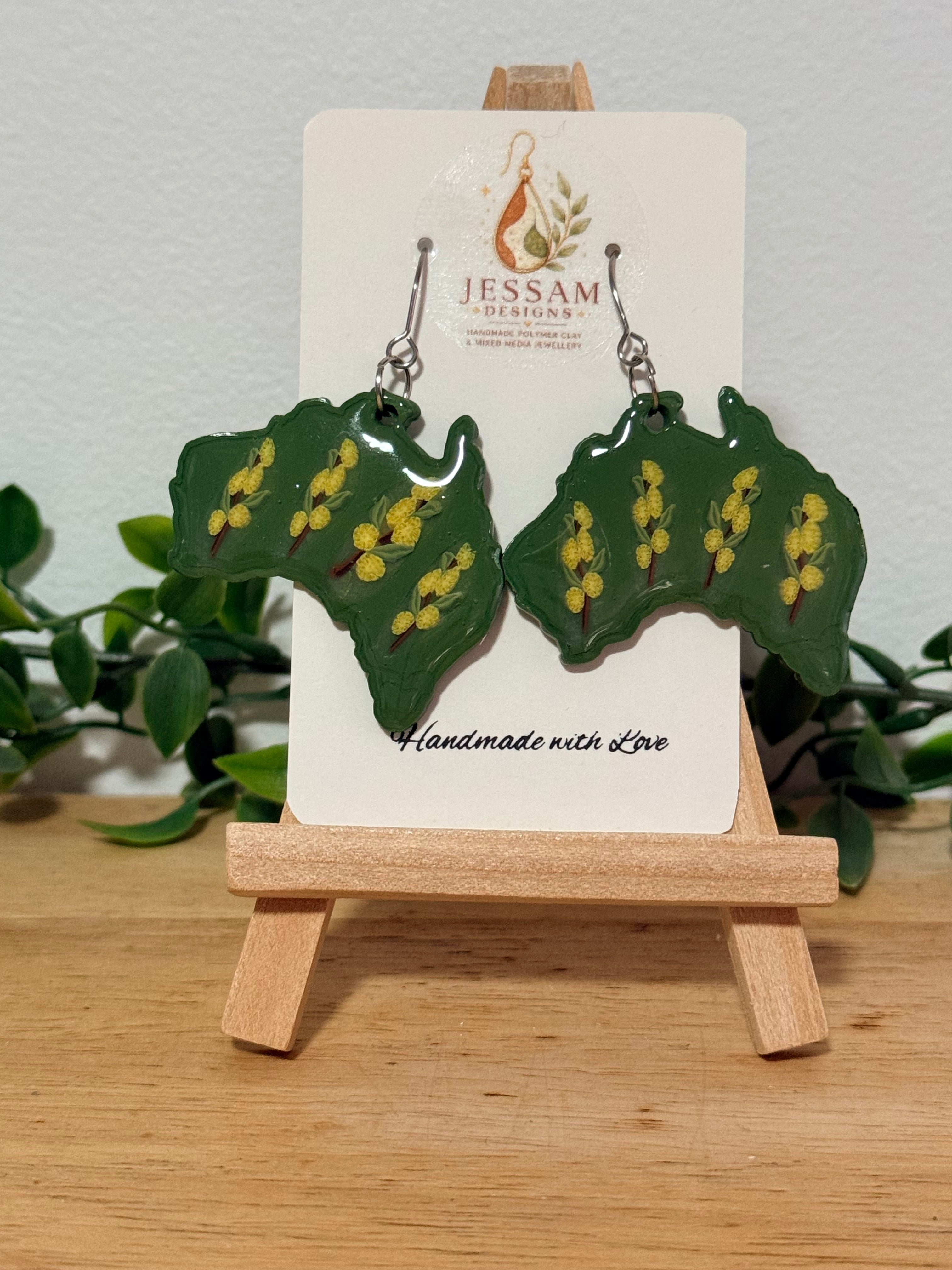Handmade Australian Wattle Polymer Clay Dangle Earrings. Statement Earrings