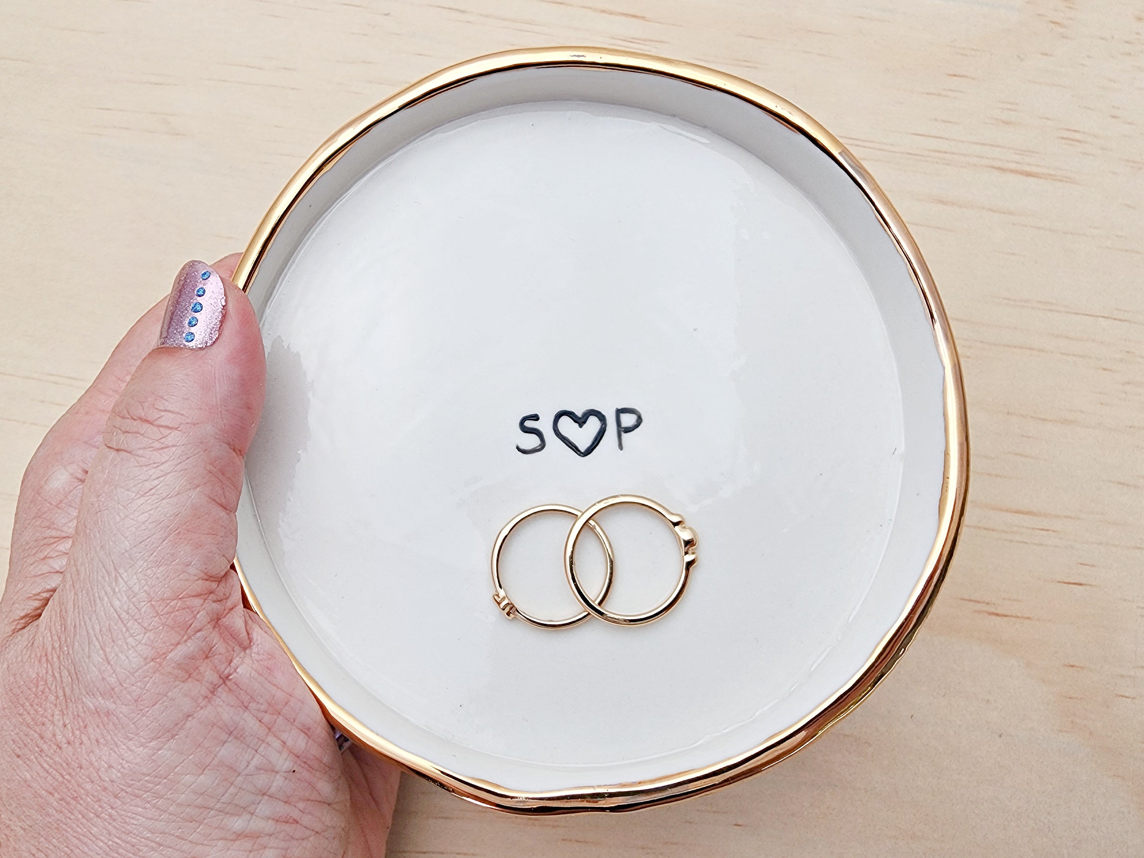 Personalised ring dish with gold or silver and rim, Custom Wedding Gift, Anniversary Gift