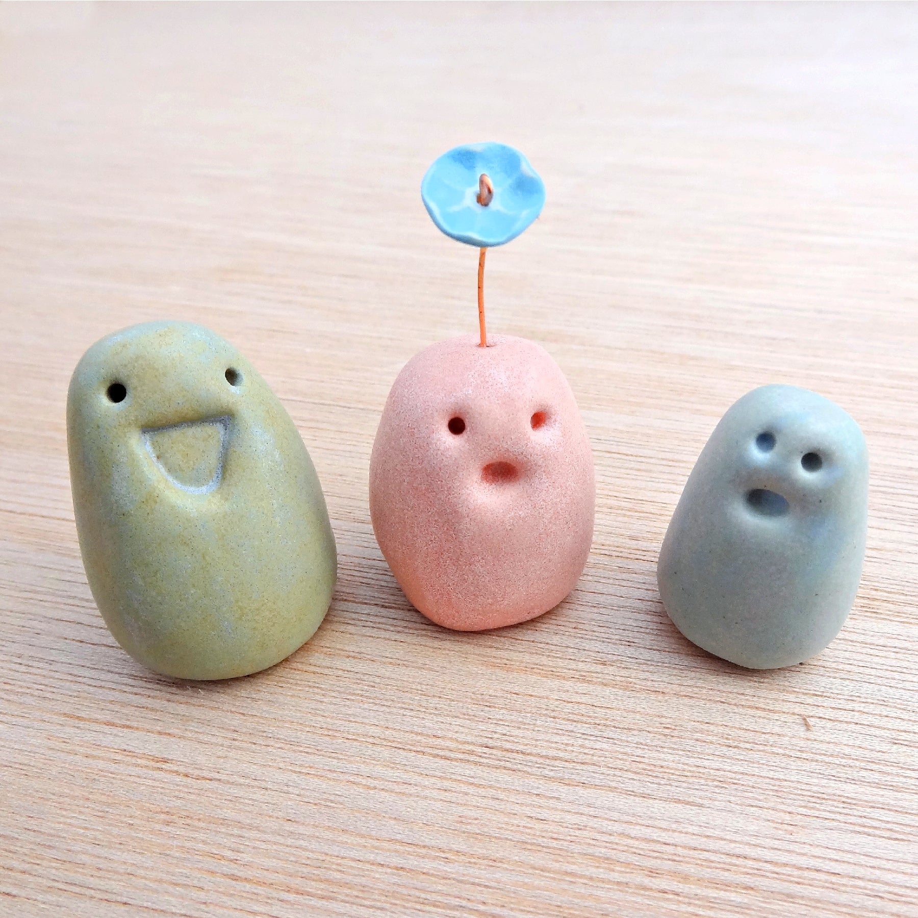 Set of 3 miniature ceramic pebble pets. Collectable tiny ceramic pottery stone friends. Handmade Whimsical Shelf or desk decor