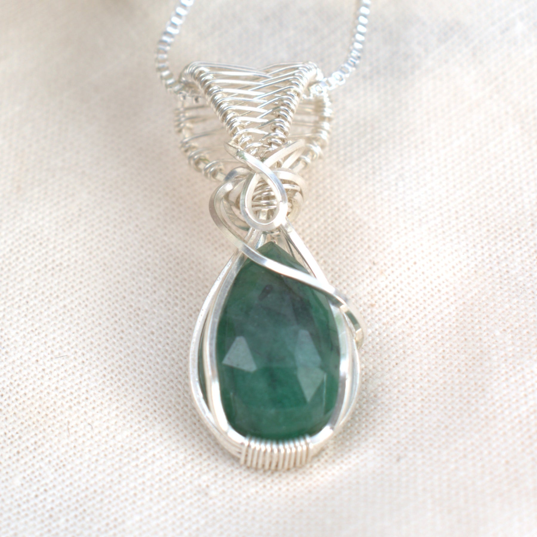 Wire-wrapped Emerald Hornblende Necklace - May Birthstone Pendant