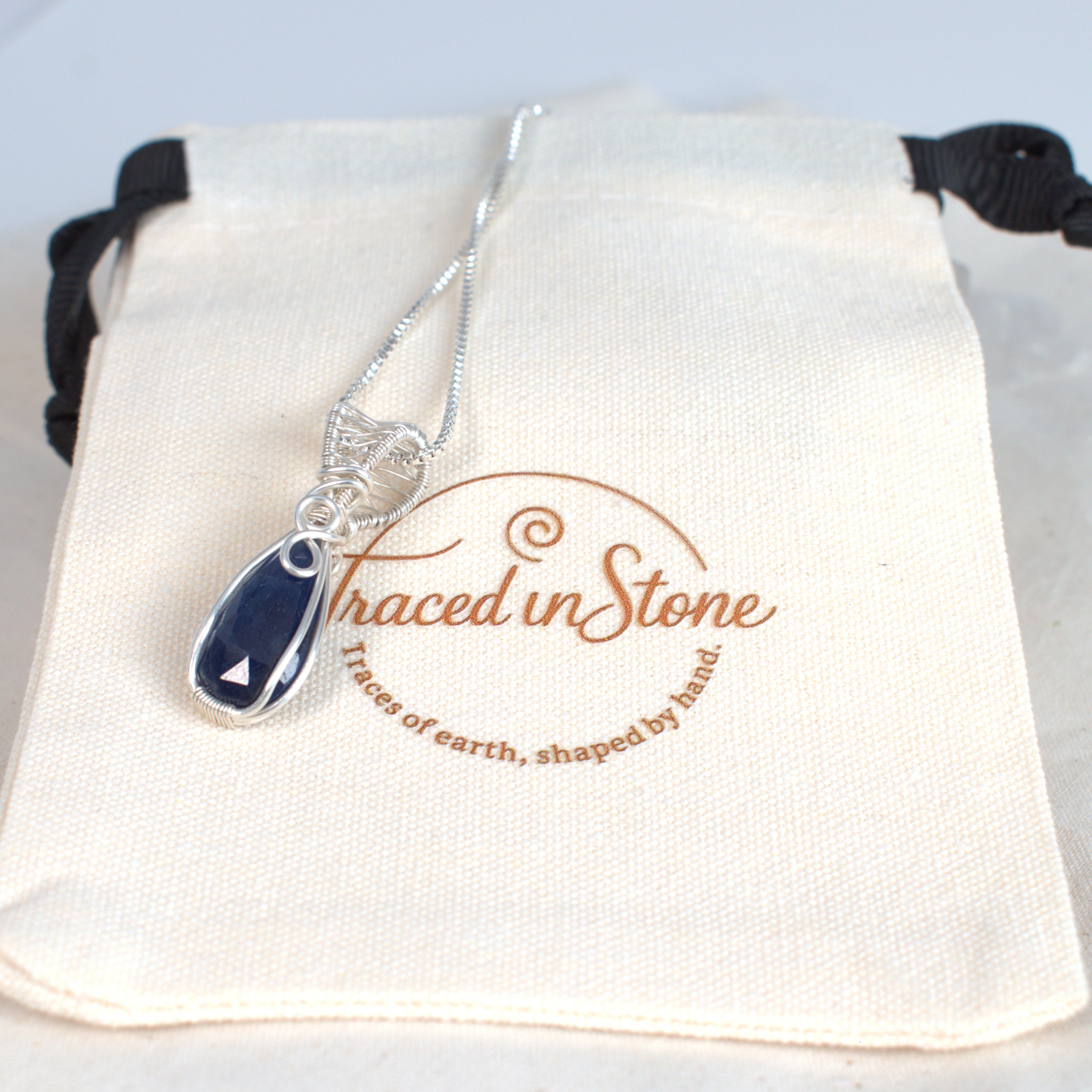After Dark – Blue Sapphire Pendant in Silver-Filled Wire