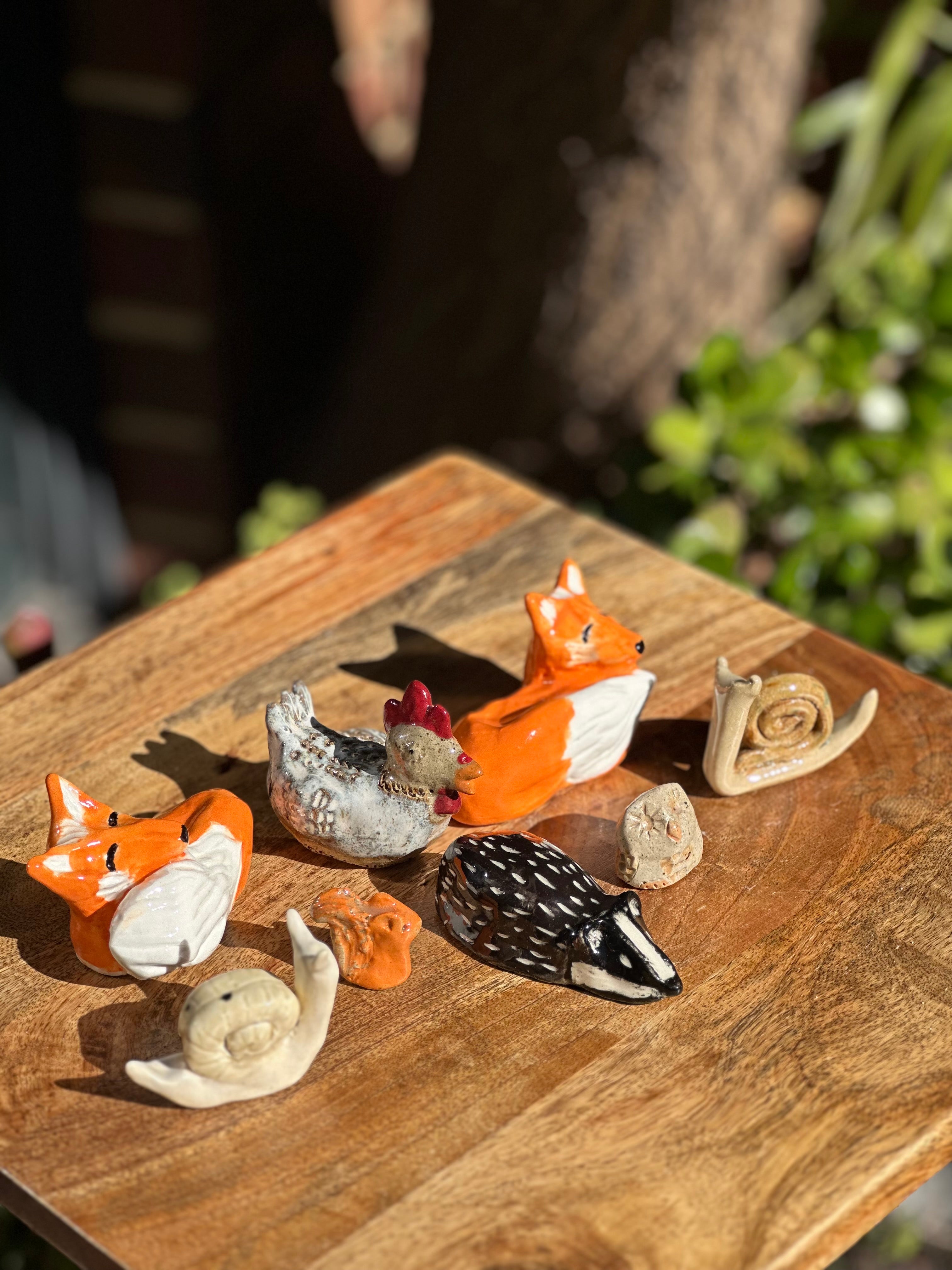 Woodland Animals – Handmade Ceramic Animal Sculptures | Porcelain Fox, Owl, Hen, Badger & Snails