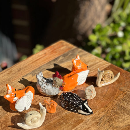 Woodland Animals – Handmade Ceramic Animal Sculptures | Porcelain Fox, Owl, Hen, Badger & Snails