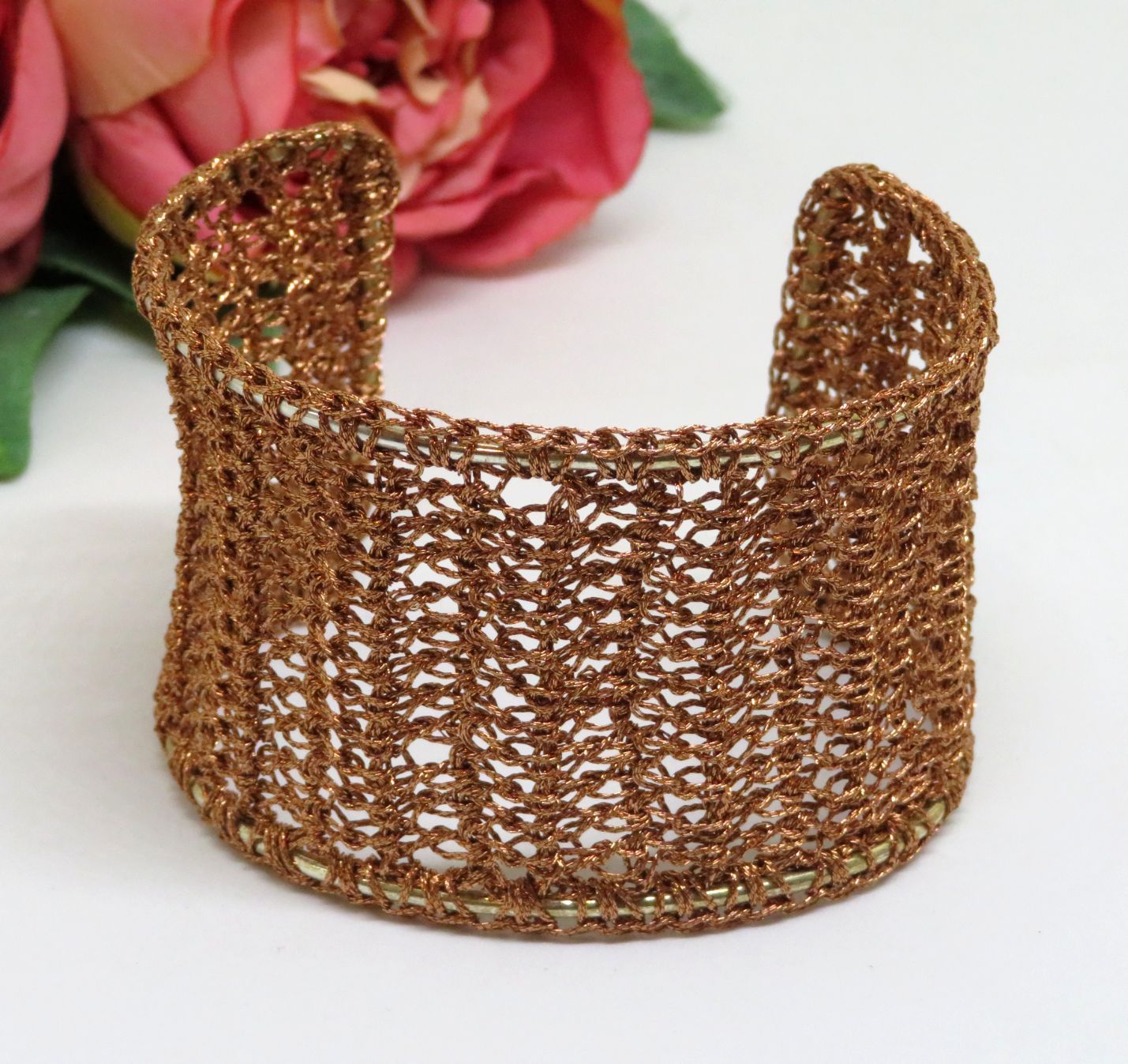 Bespoke Handmade Copper Crochet Shimmer Thread Cuff Bracelet