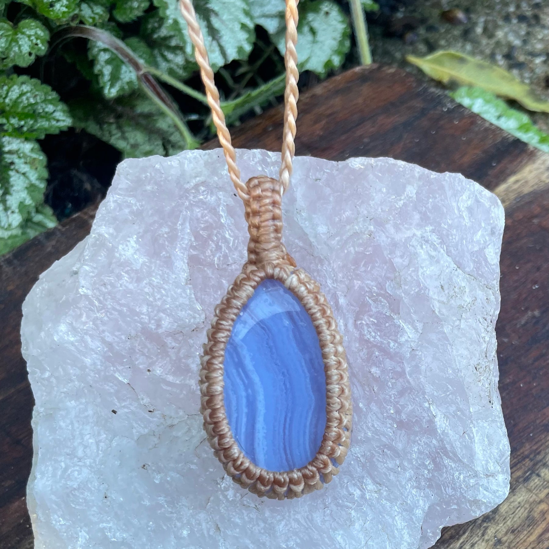 Blue Lace Agate Pendant, boho macrame necklace, adjustable