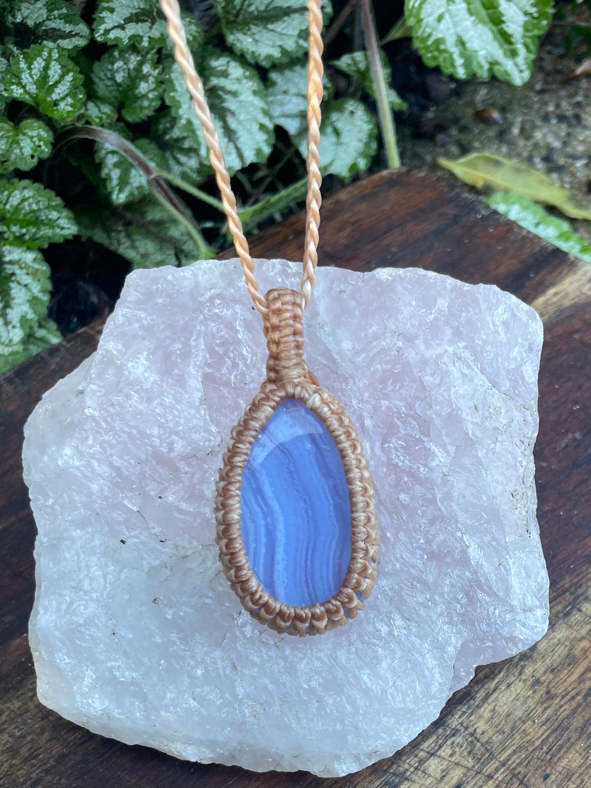 Blue Lace Agate Pendant, boho macrame necklace, adjustable