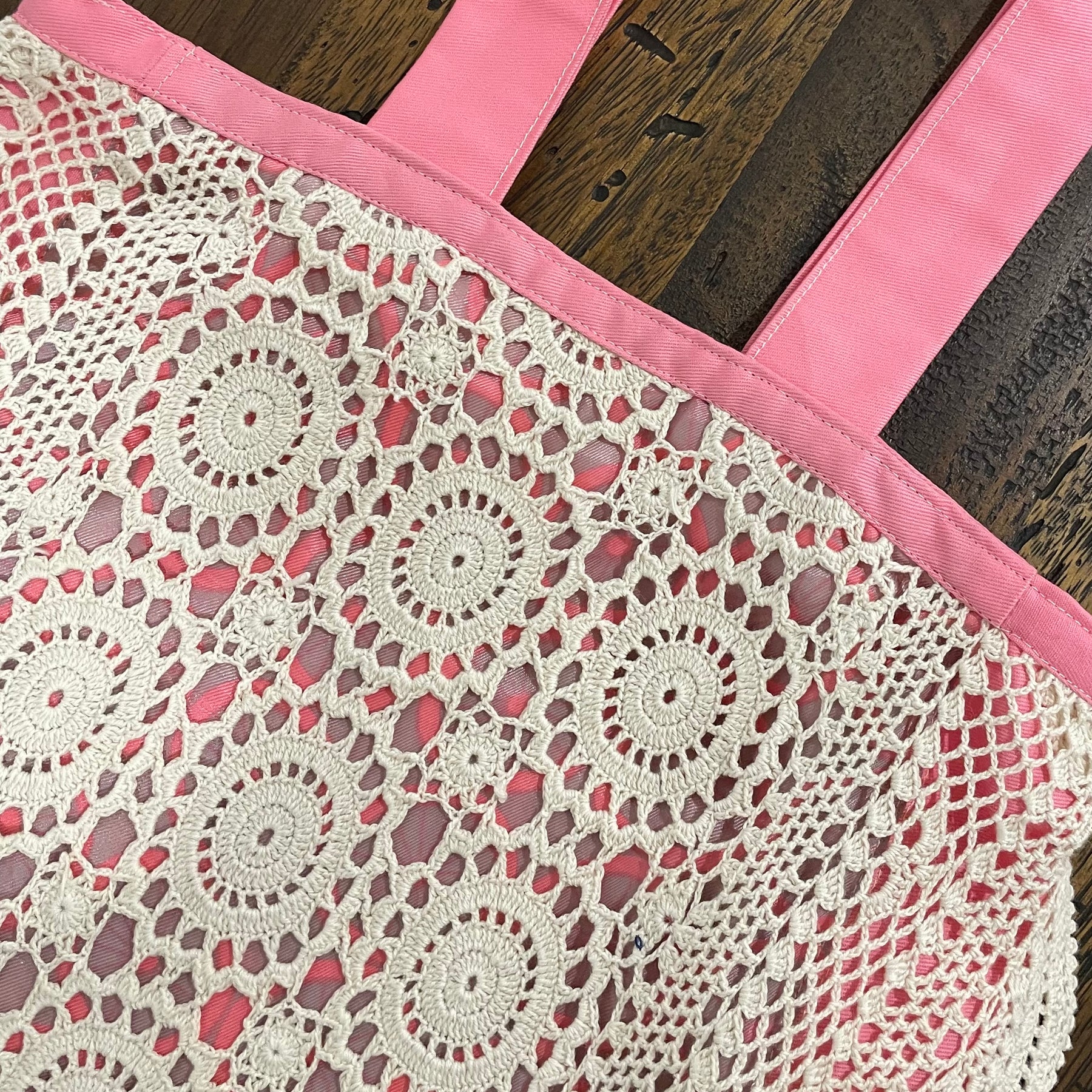 Crochet Doily Tote | Upcycled Silk Scarf & Pink Cotton Shoulder Bag