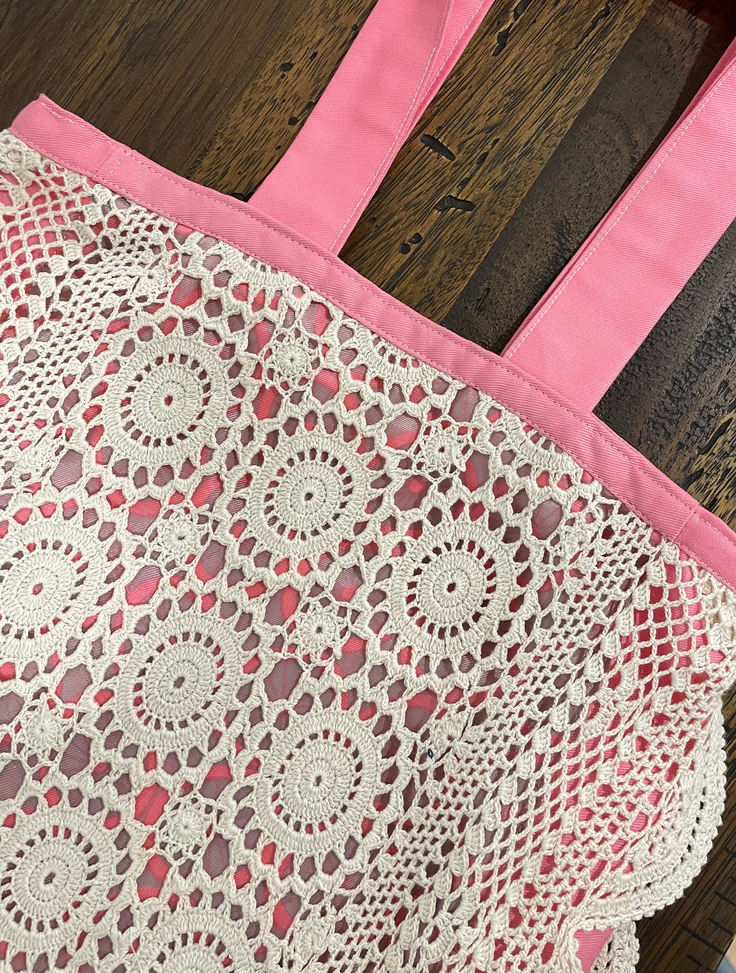 Crochet Doily Tote | Upcycled Silk Scarf & Pink Cotton Shoulder Bag