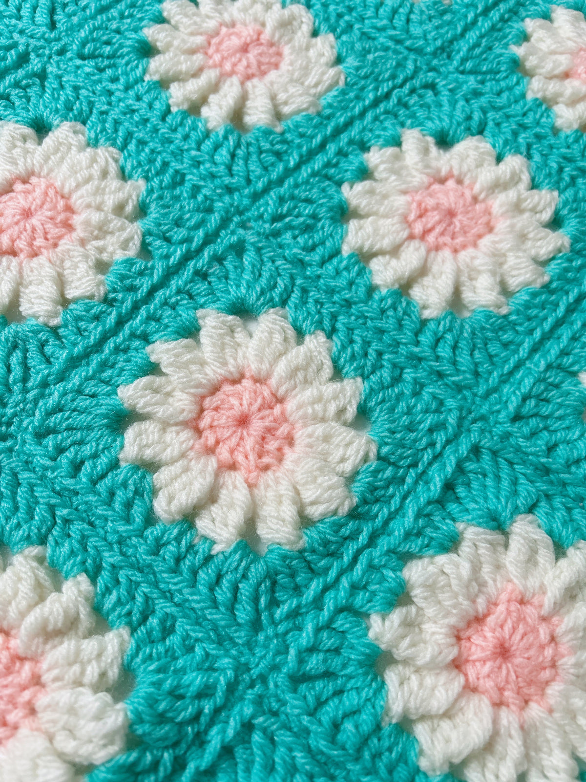Handmade Crochet Daisy Baby Blanket – Turquoise, Pink & White Floral Granny Square Blanket